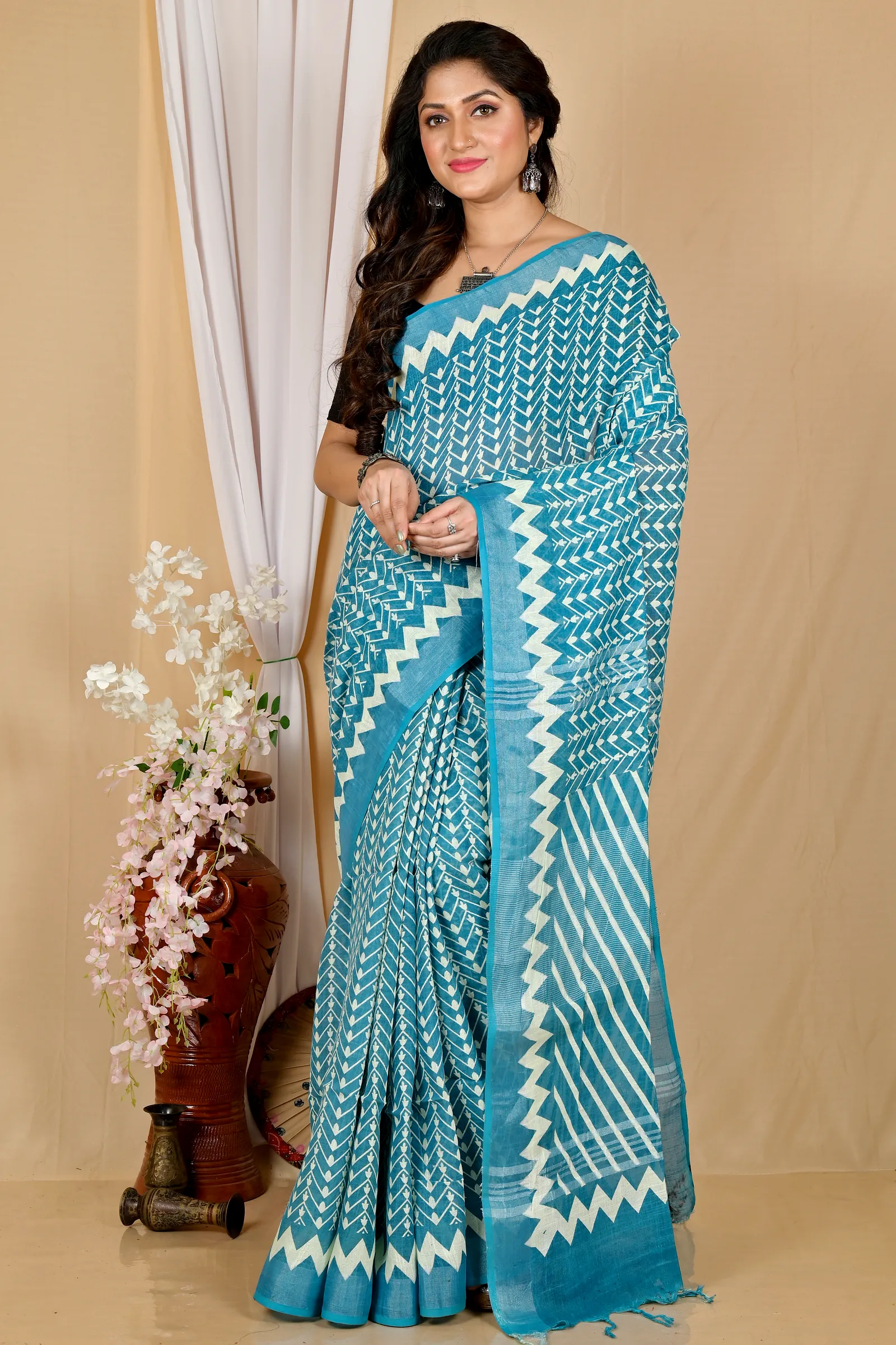 See Blue Cotton Sebai Batik Print Saree (2041)