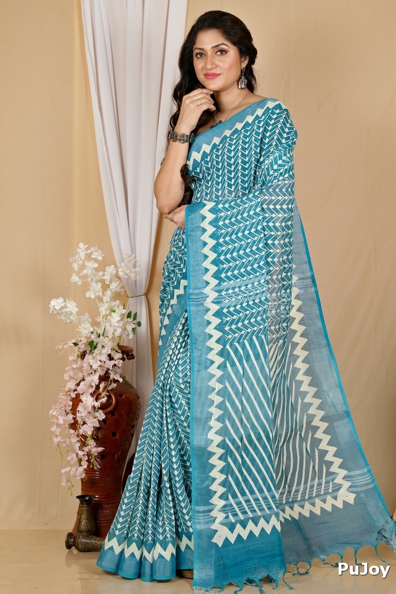 See Blue Cotton Sebai Batik Print Saree (2041)