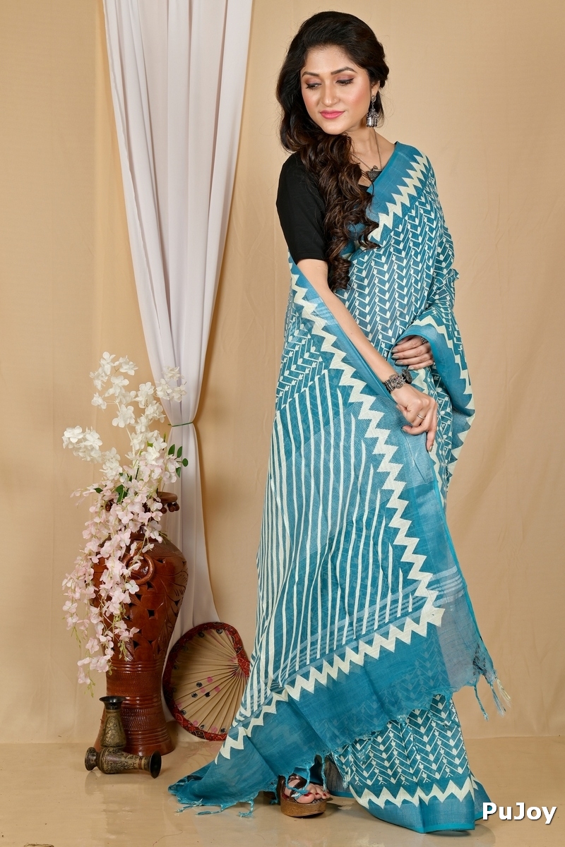 See Blue Cotton Sebai Batik Print Saree (2041)