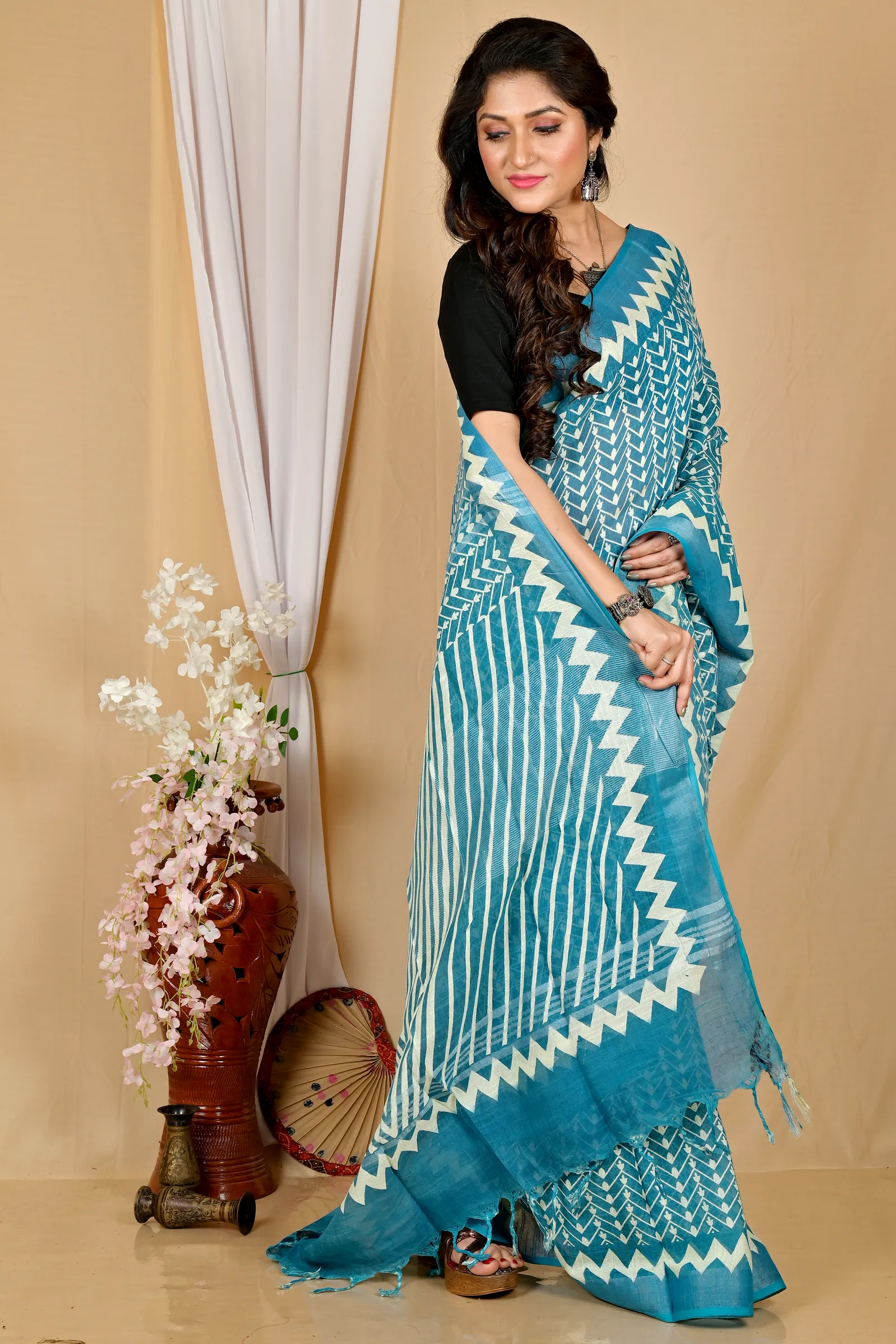 See Blue Cotton Sebai Batik Print Saree (2041)