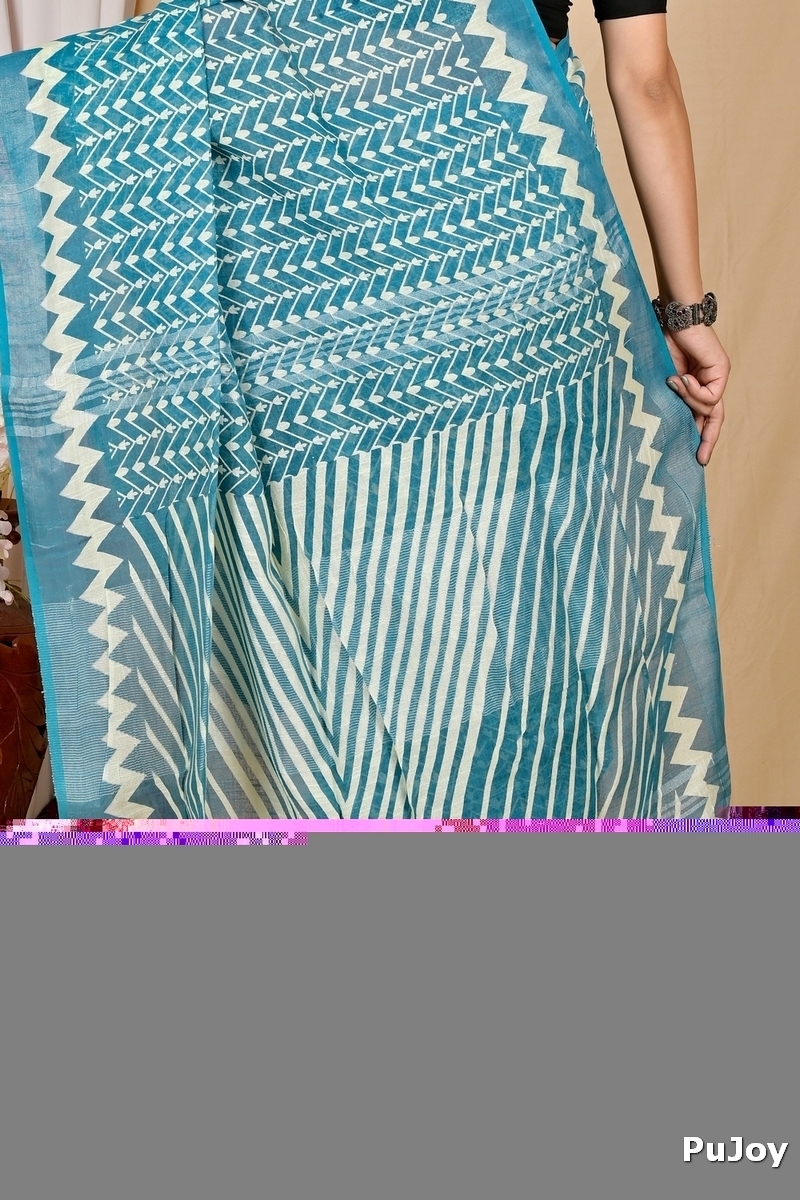 See Blue Cotton Sebai Batik Print Saree (2041)