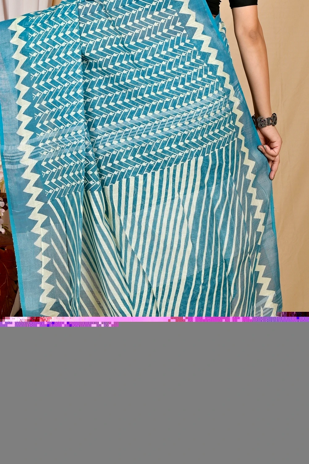 See Blue Cotton Sebai Batik Print Saree (2041)