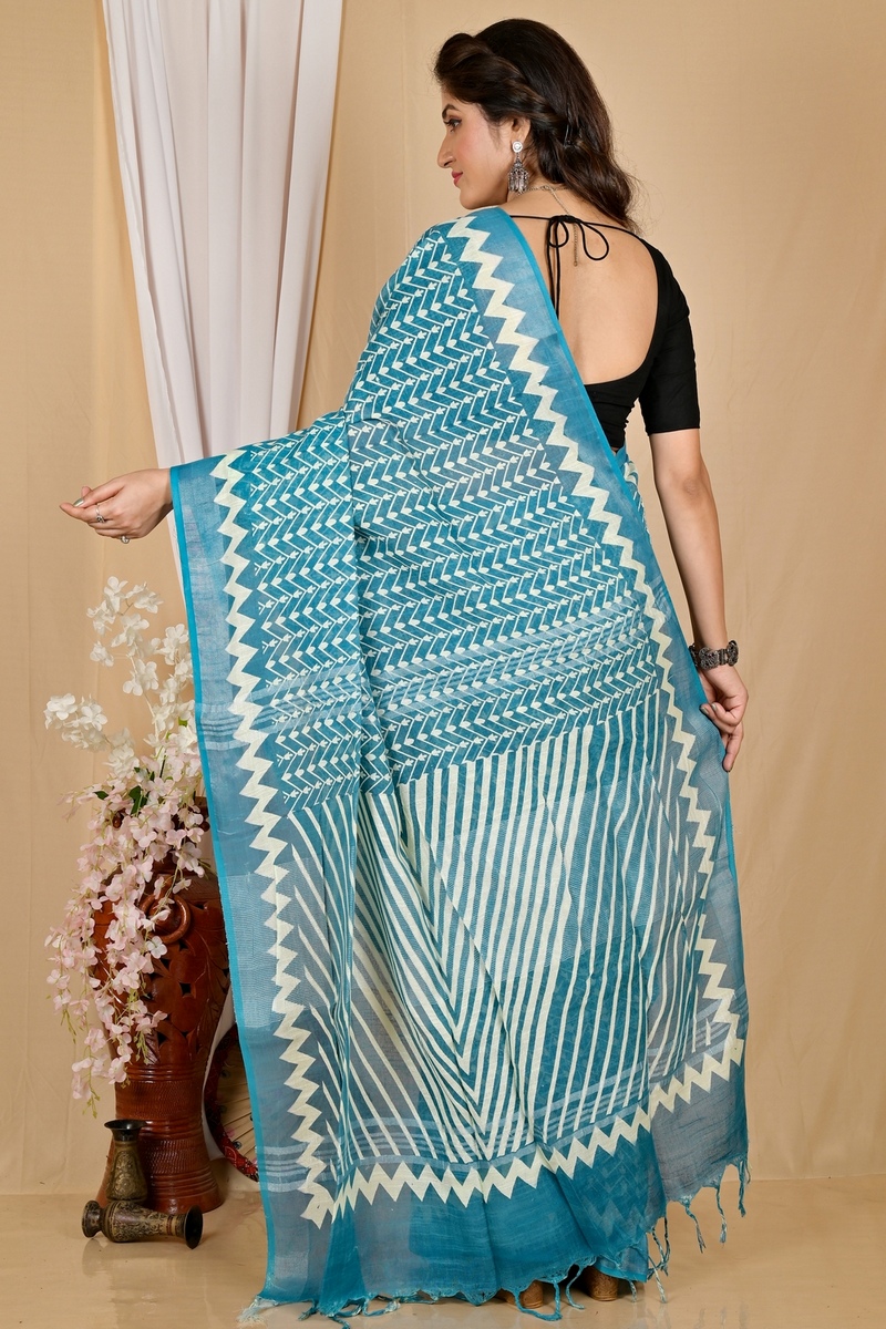 See Blue Cotton Sebai Batik Print Saree (2041)