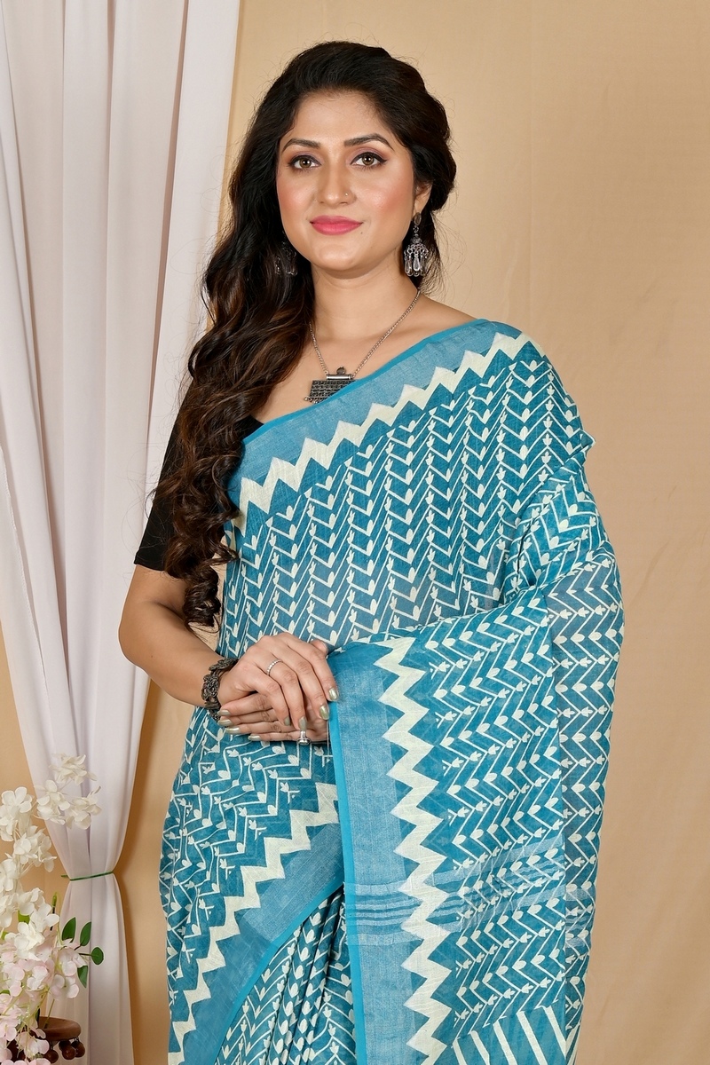 See Blue Cotton Sebai Batik Print Saree (2041)