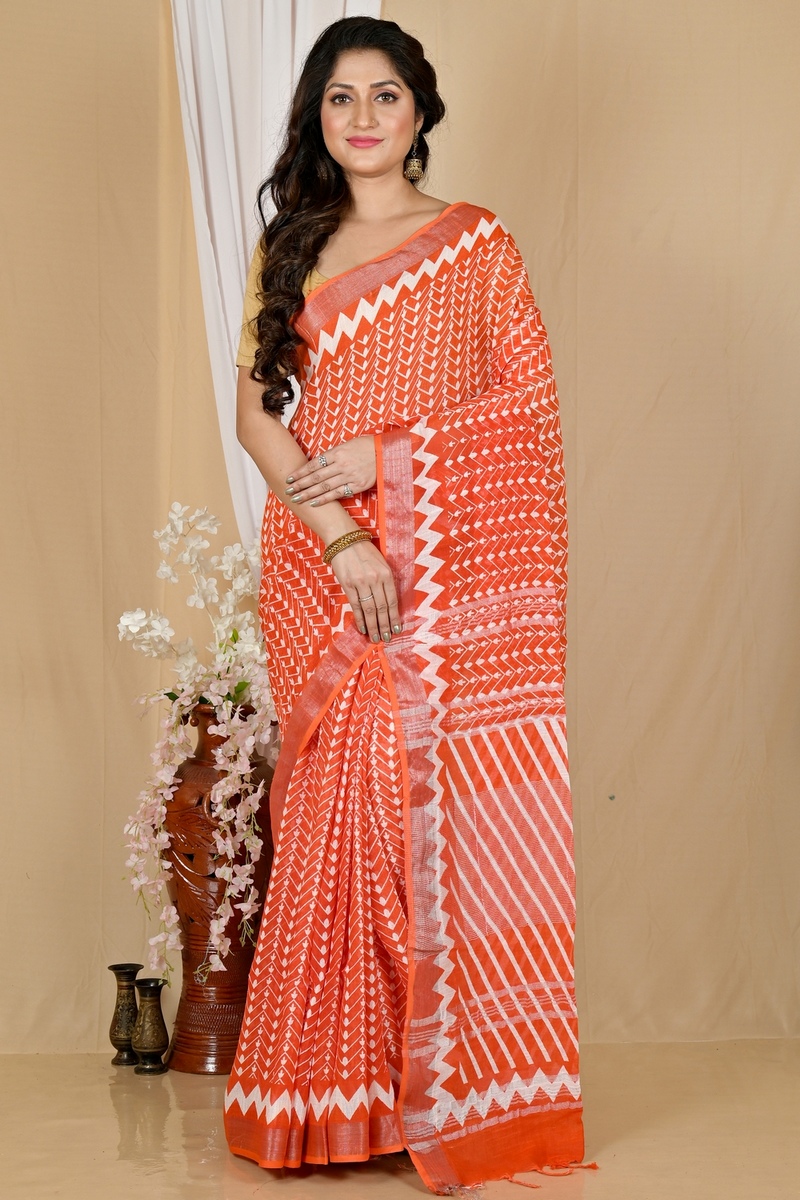 Orange Cotton Sebai Batik Print Saree (2042)