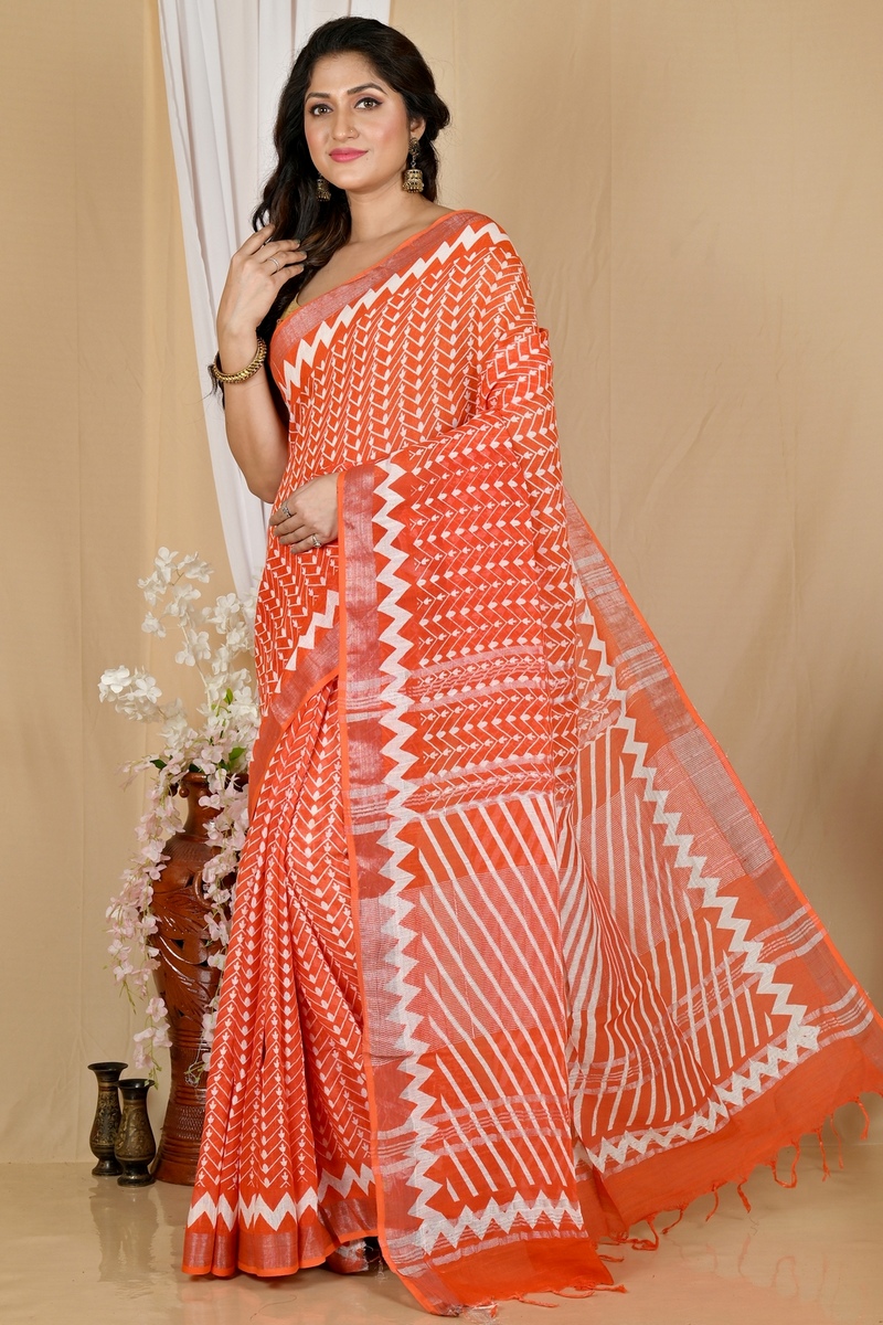 Orange Cotton Sebai Batik Print Saree (2042)