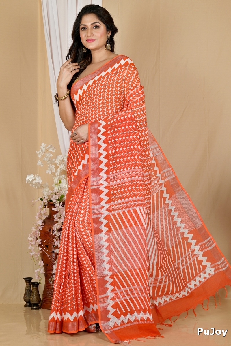 Orange Cotton Sebai Batik Print Saree (2042)