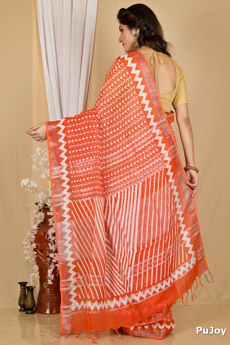 Orange Cotton Sebai Batik Print Saree (2042)