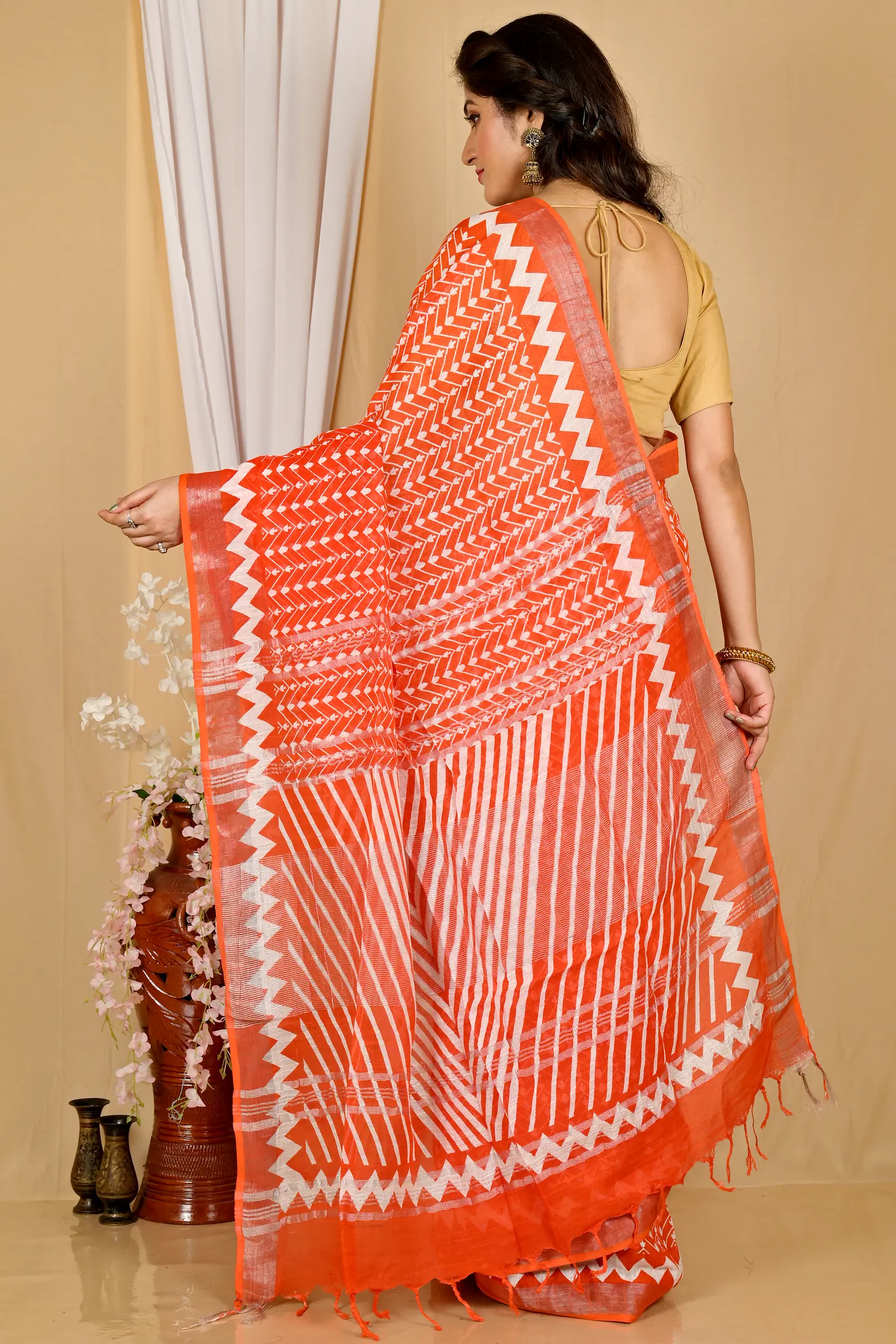 Orange Cotton Sebai Batik Print Saree (2042)