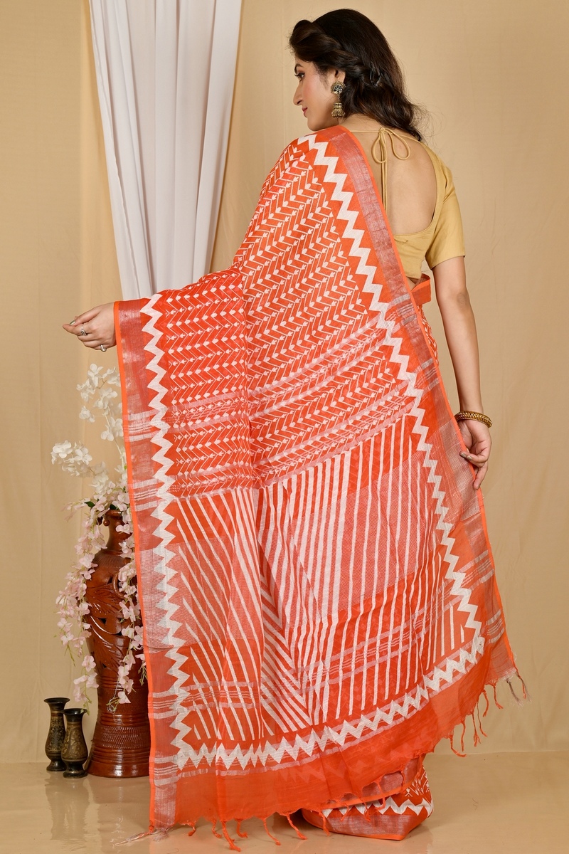 Orange Cotton Sebai Batik Print Saree (2042)