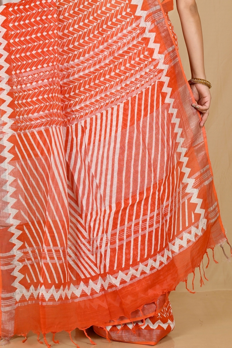 Orange Cotton Sebai Batik Print Saree (2042)