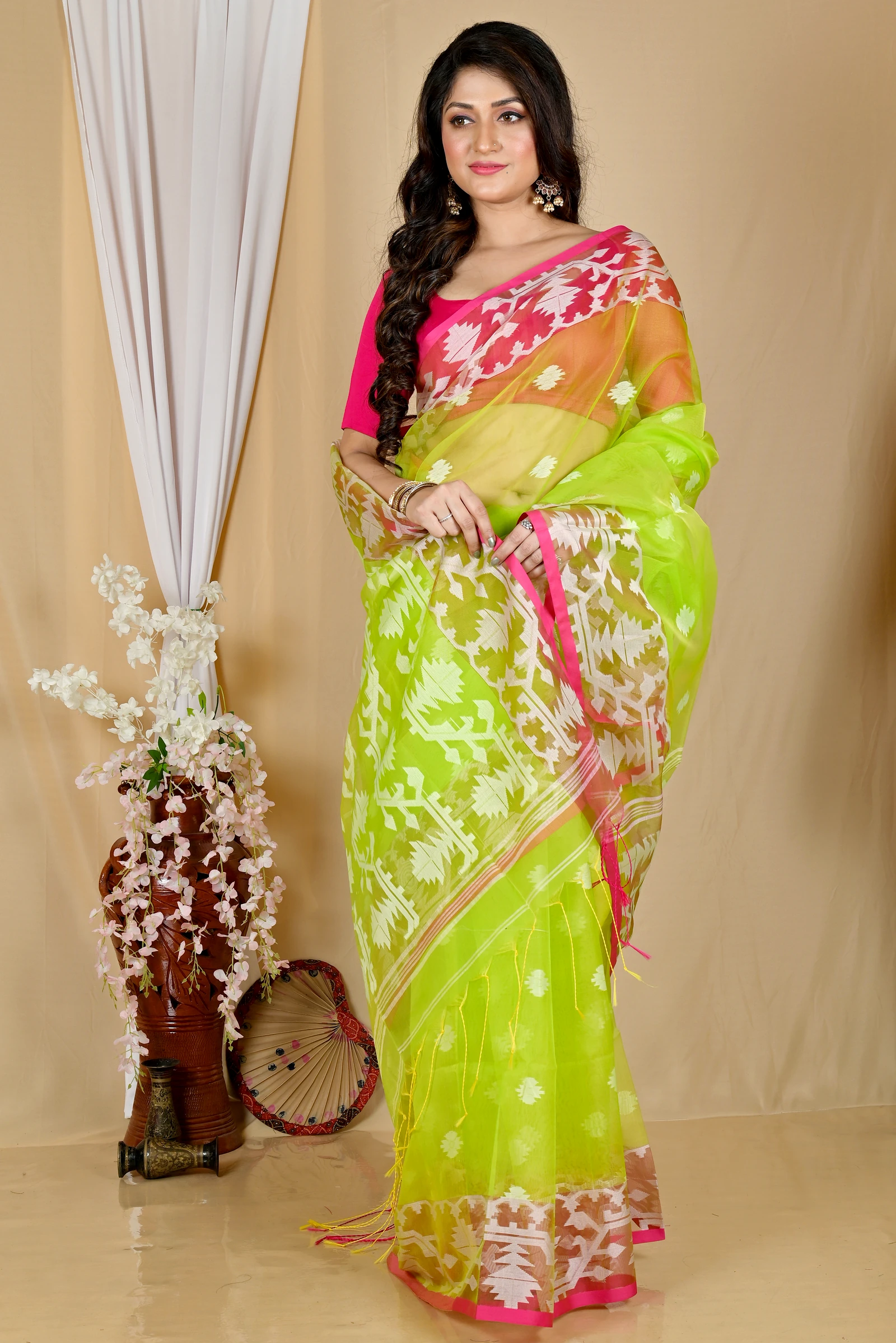 Green Cotton Monimal Muslin saree (2043)