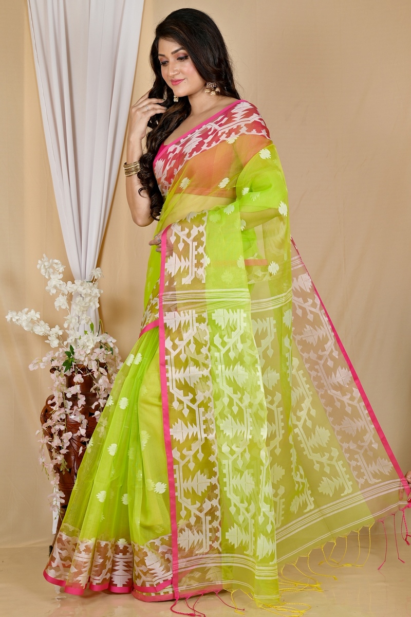 Green Cotton Monimal Muslin saree (2043)