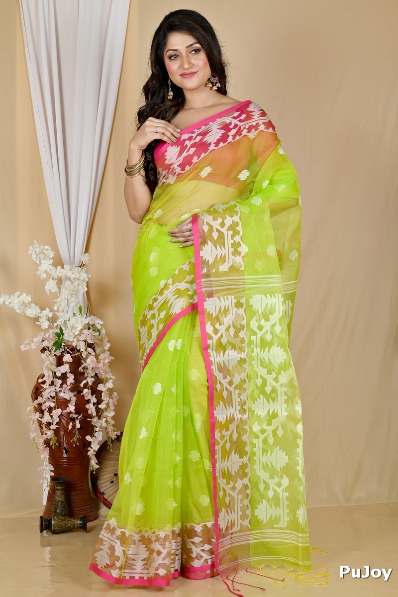 Green Cotton Monimal Muslin saree (2043)