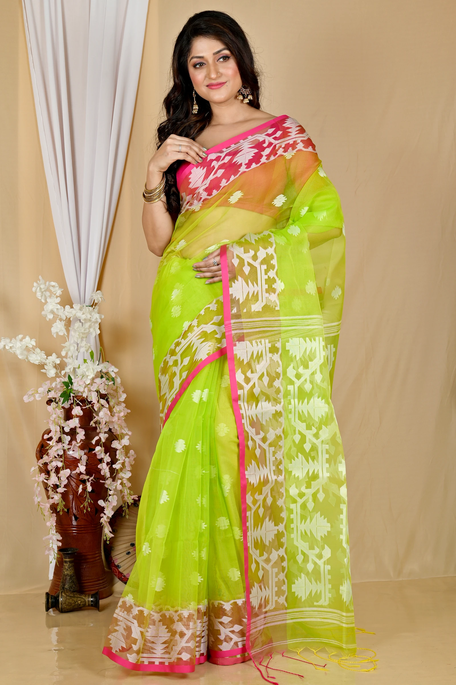 Green Cotton Monimal Muslin saree (2043)