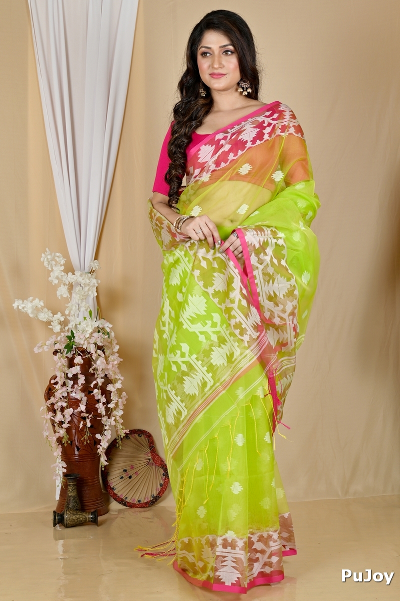 Green Cotton Monimal Muslin saree (2043)