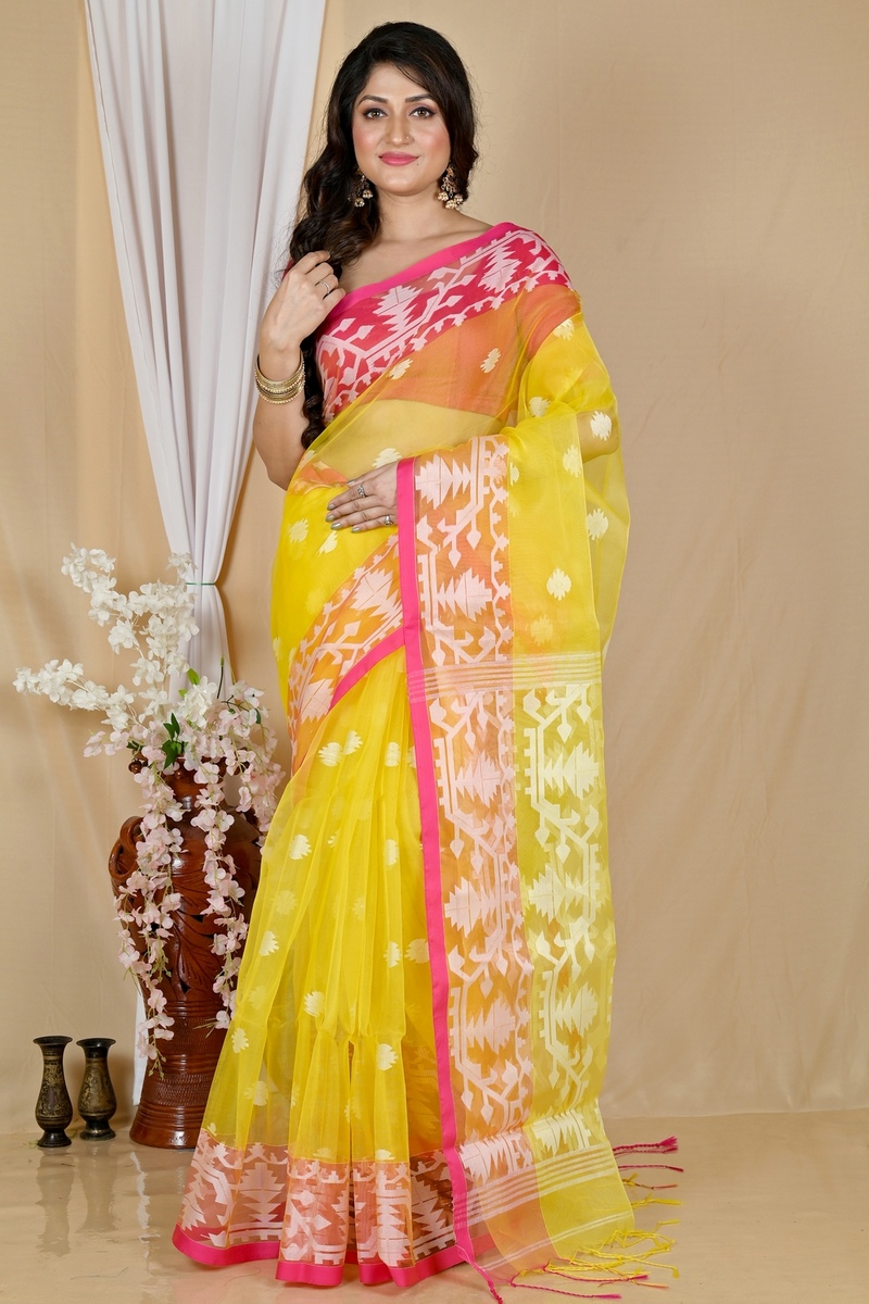 Yellow Cotton Monimal Muslin saree (2044)
