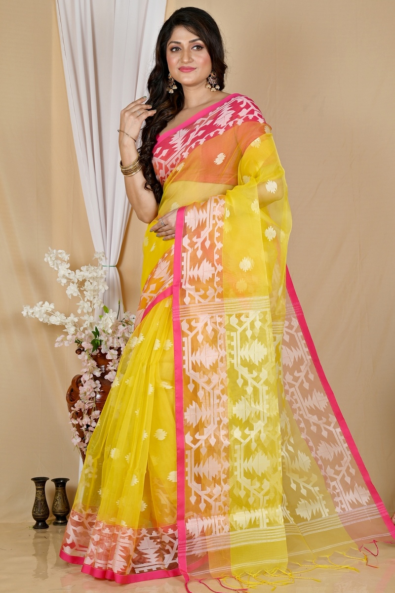 Yellow Cotton Monimal Muslin saree (2044)