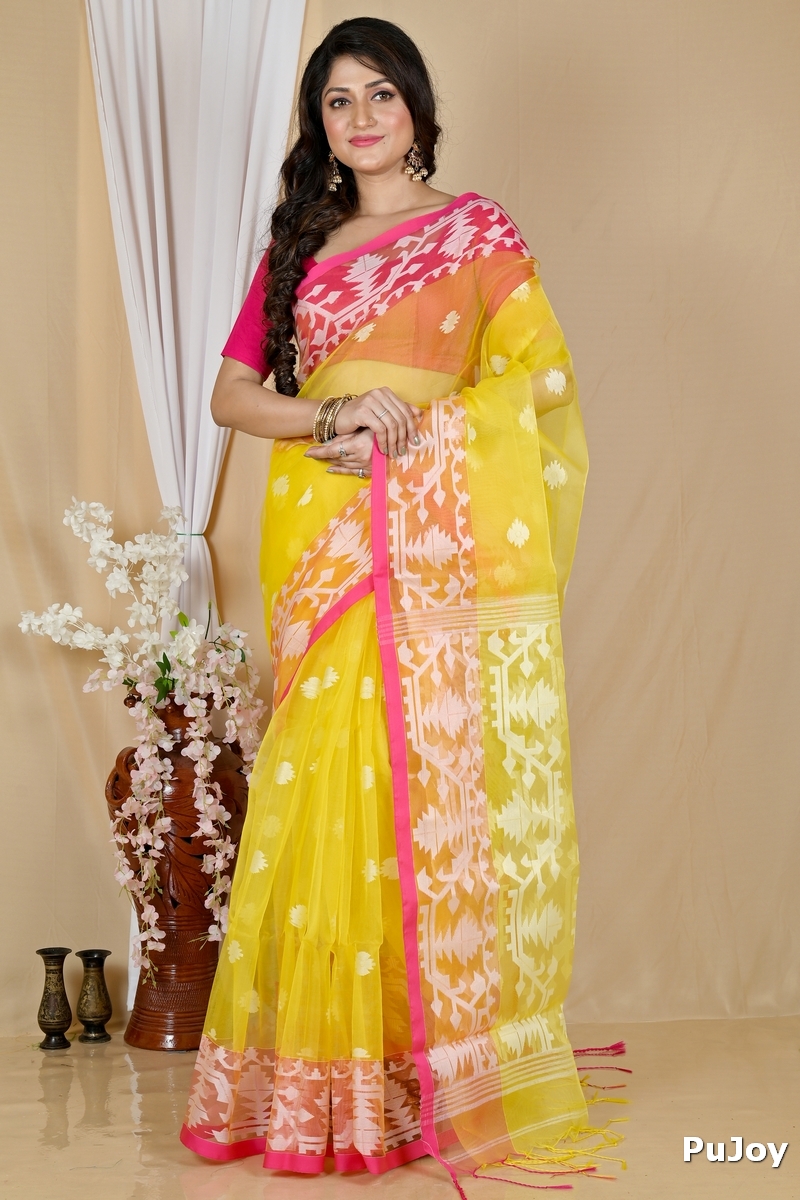Yellow Cotton Monimal Muslin saree (2044)