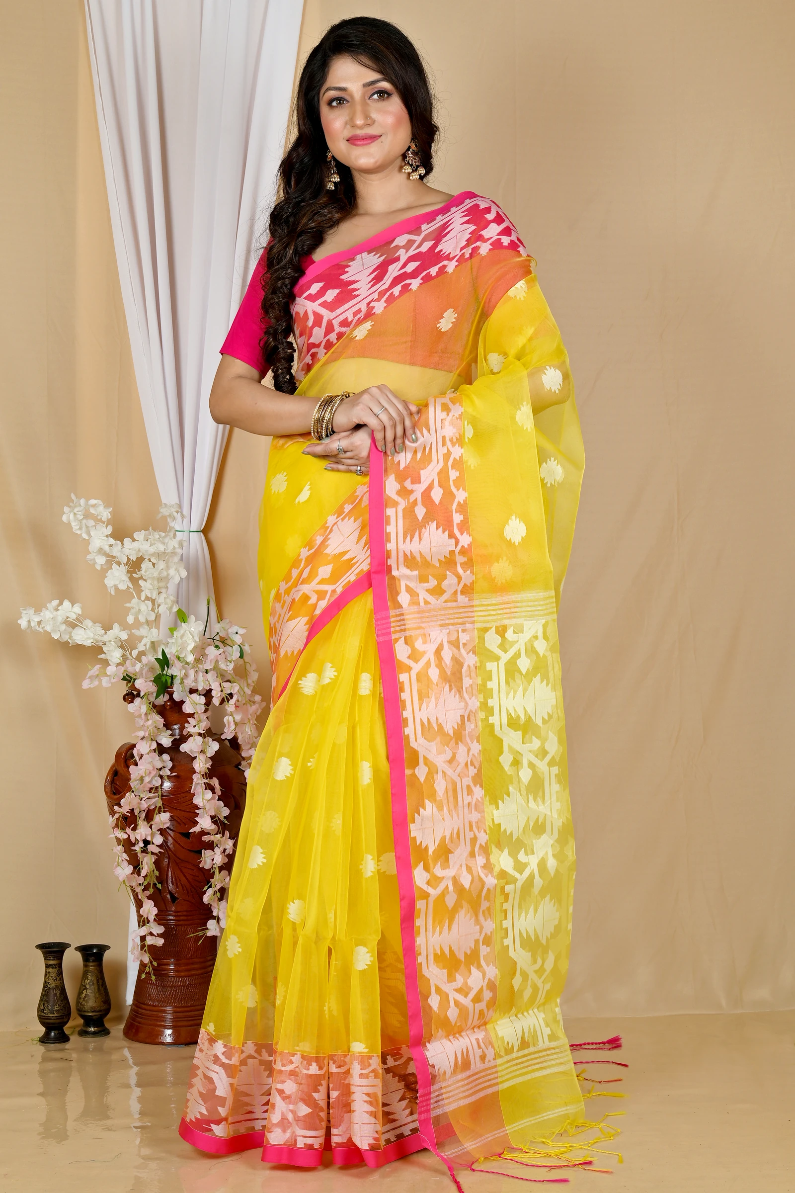 Yellow Cotton Monimal Muslin saree (2044)