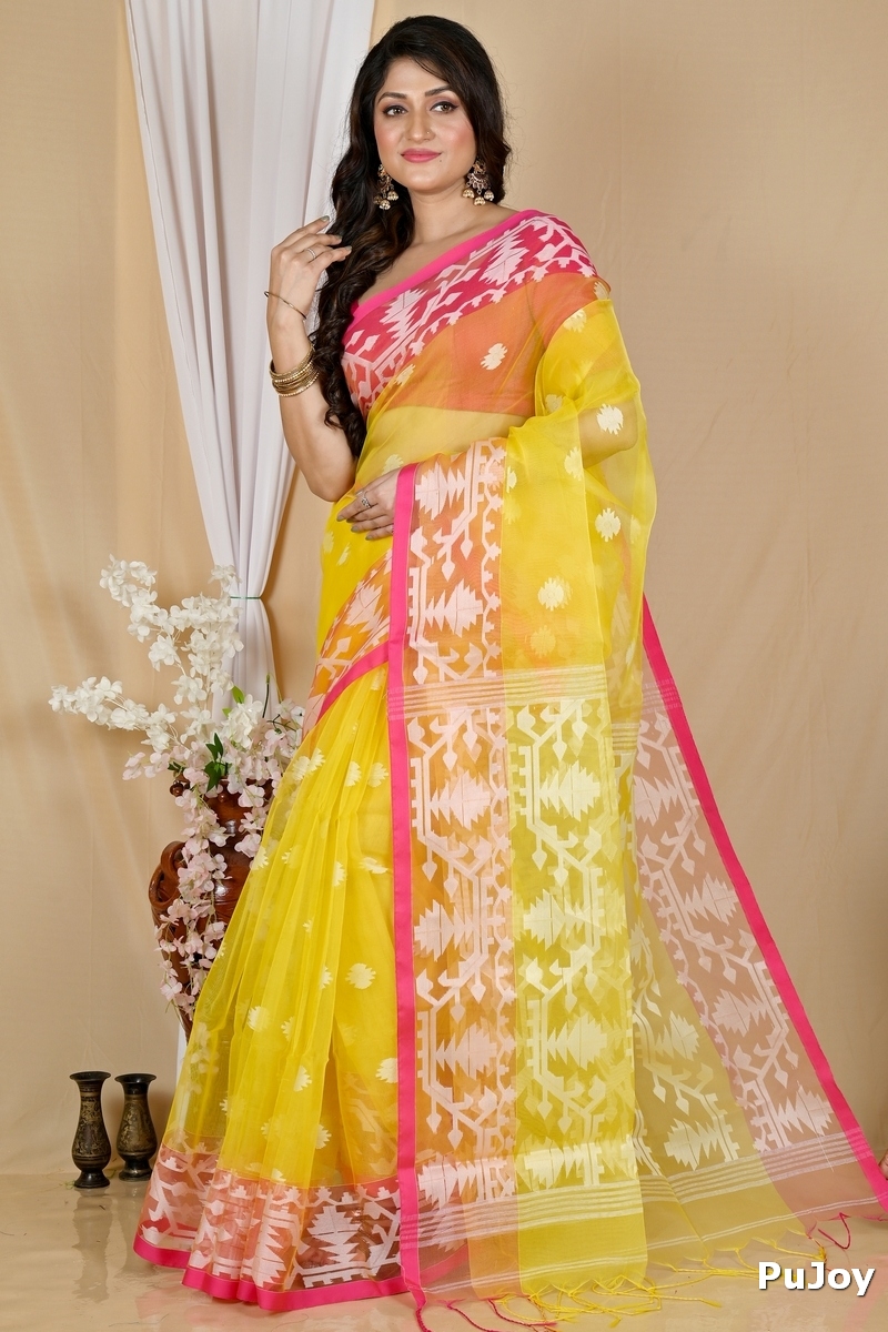 Yellow Cotton Monimal Muslin saree (2044)