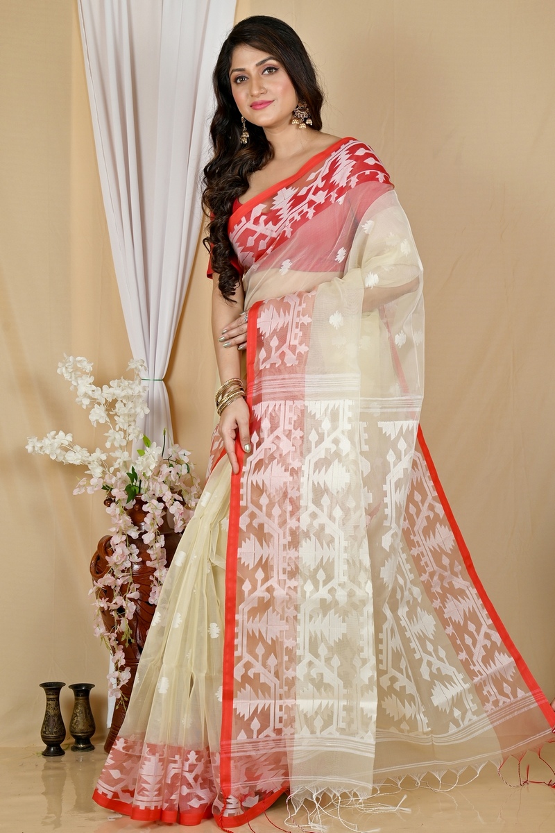 Cream Cotton Monimal Muslin saree (2045)