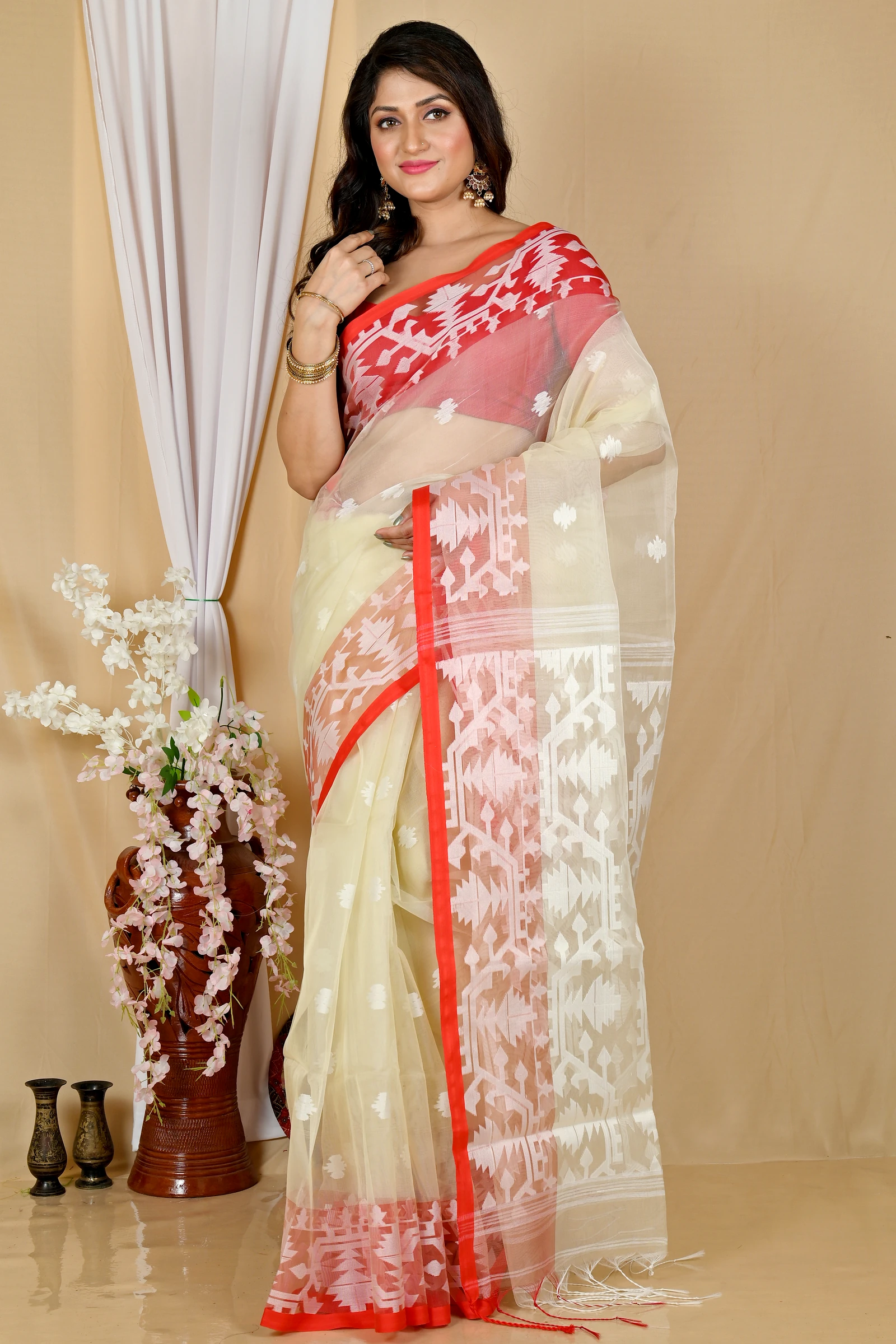 Cream Cotton Monimal Muslin saree (2045)