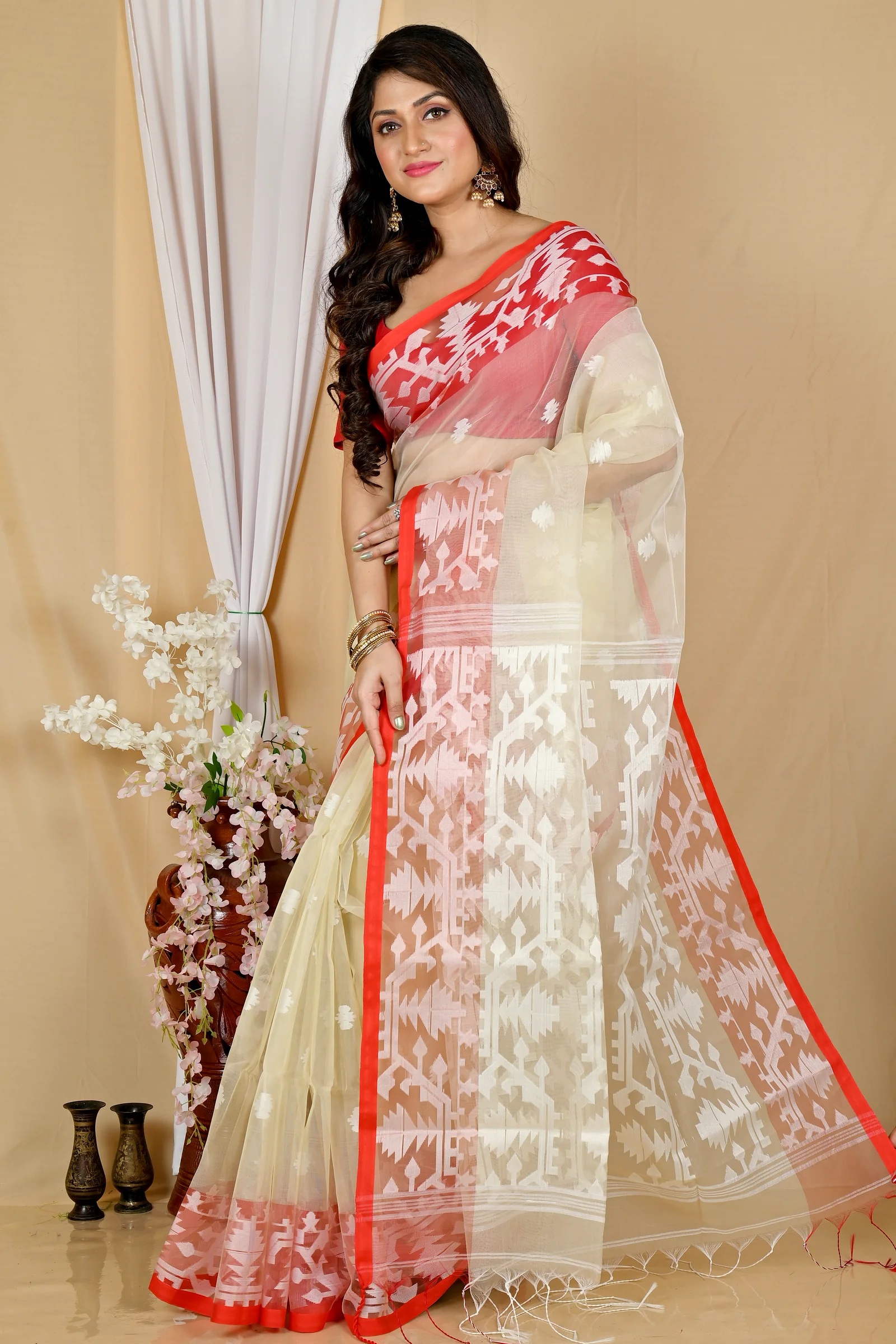 Cream Cotton Monimal Muslin saree (2045)