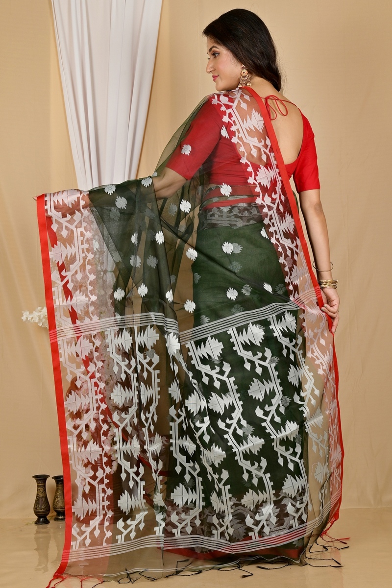 Bottle Green Cotton Monimal Muslin saree (2047)