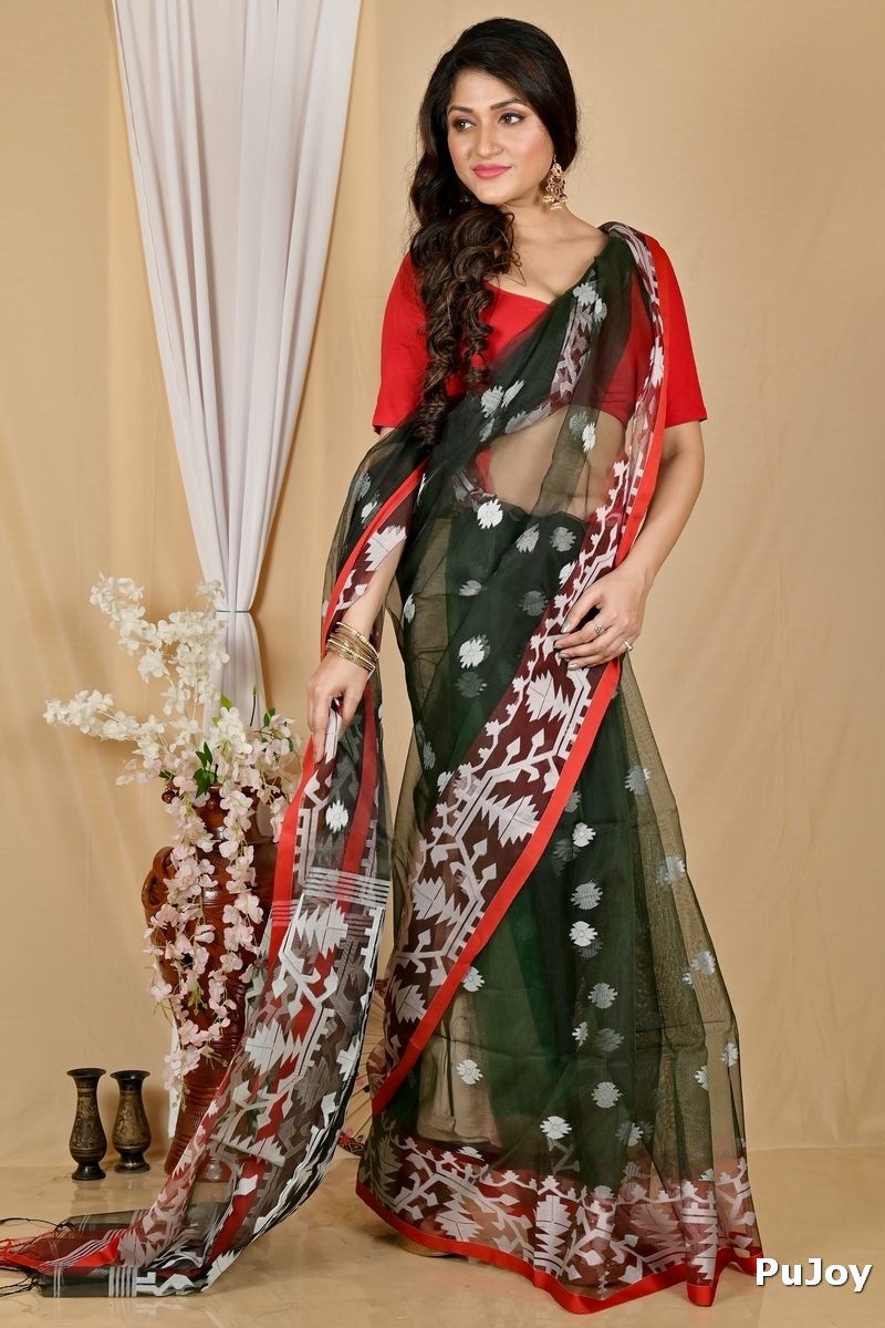 Bottle Green Cotton Monimal Muslin saree (2047)