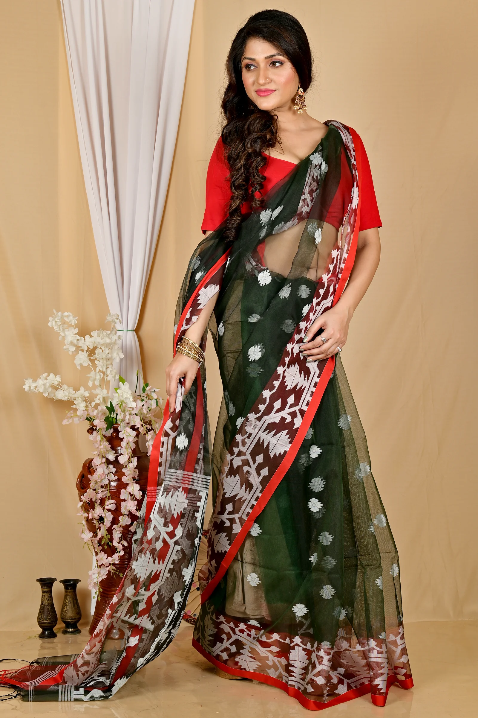Bottle Green Cotton Monimal Muslin saree (2047)