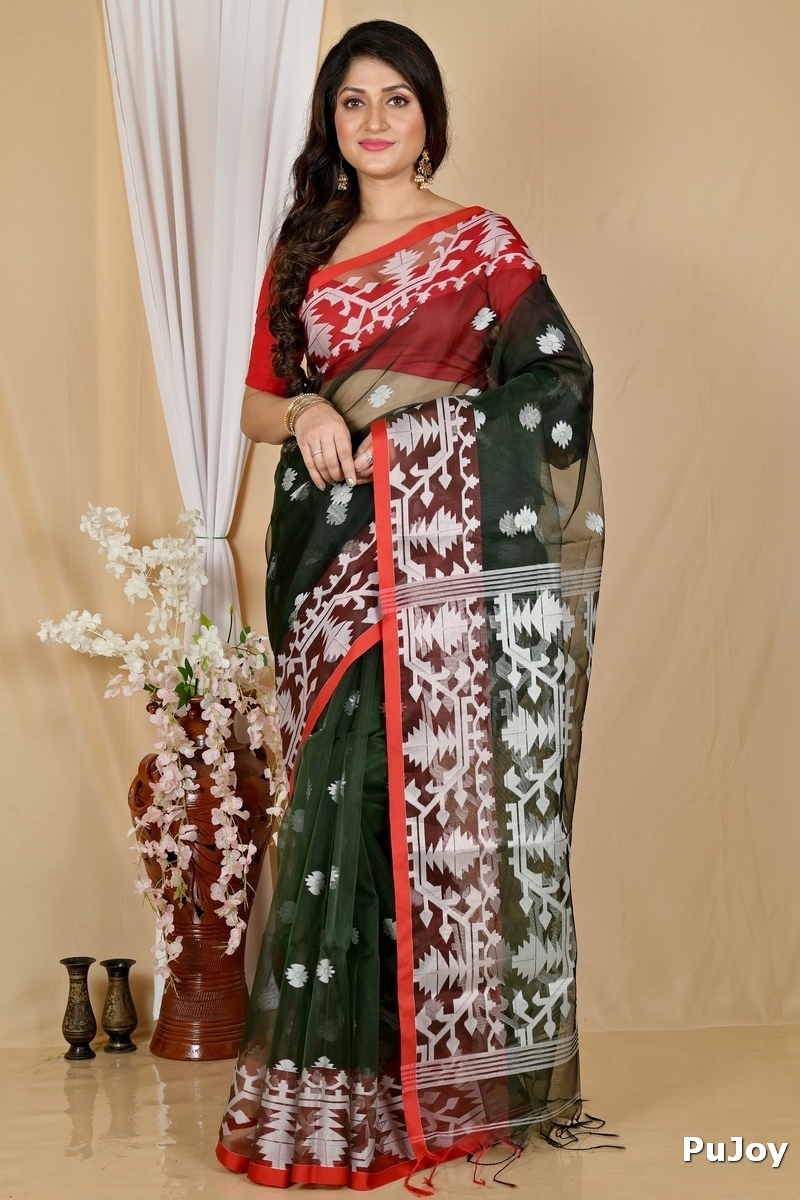 Bottle Green Cotton Monimal Muslin saree (2047)