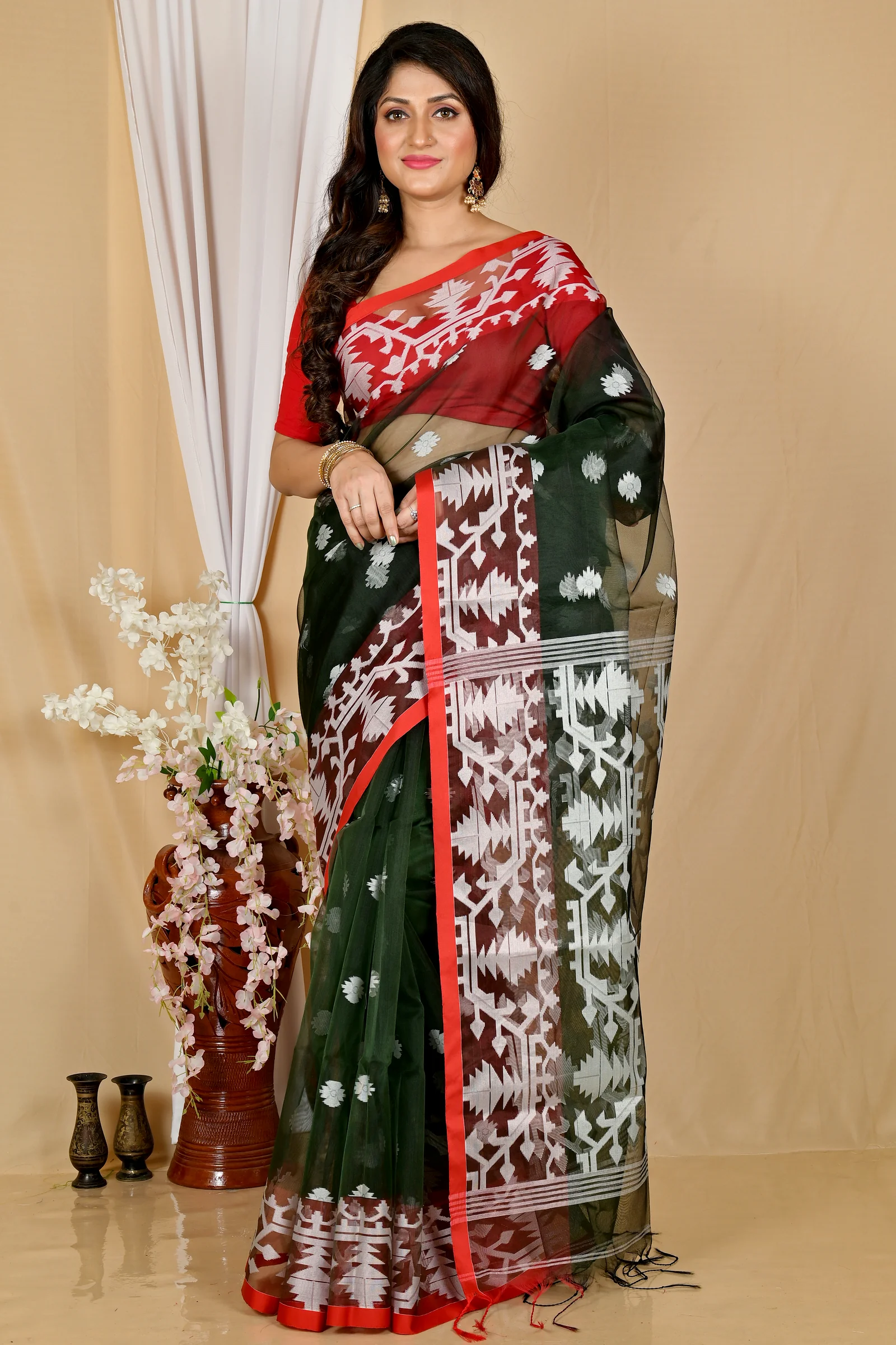 Bottle Green Cotton Monimal Muslin saree (2047)