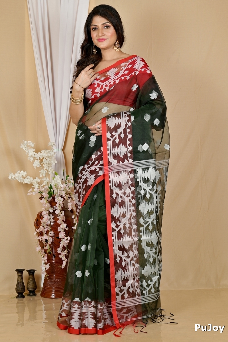 Bottle Green Cotton Monimal Muslin saree (2047)