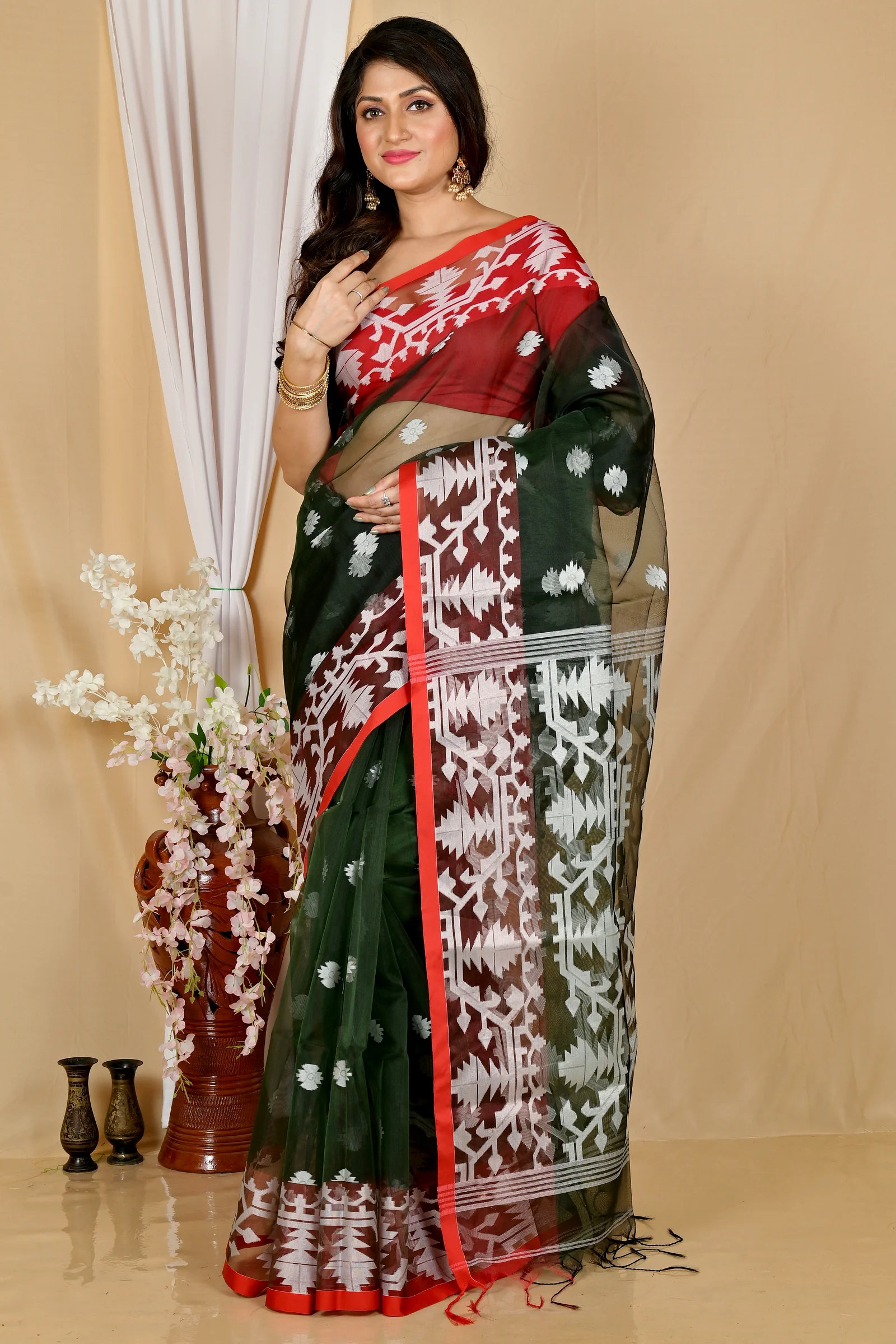 Bottle Green Cotton Monimal Muslin saree (2047)