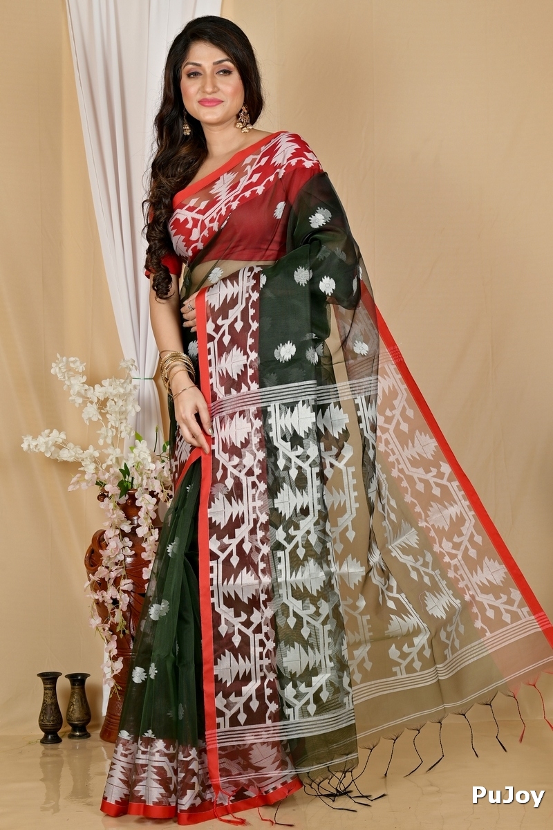 Bottle Green Cotton Monimal Muslin saree (2047)