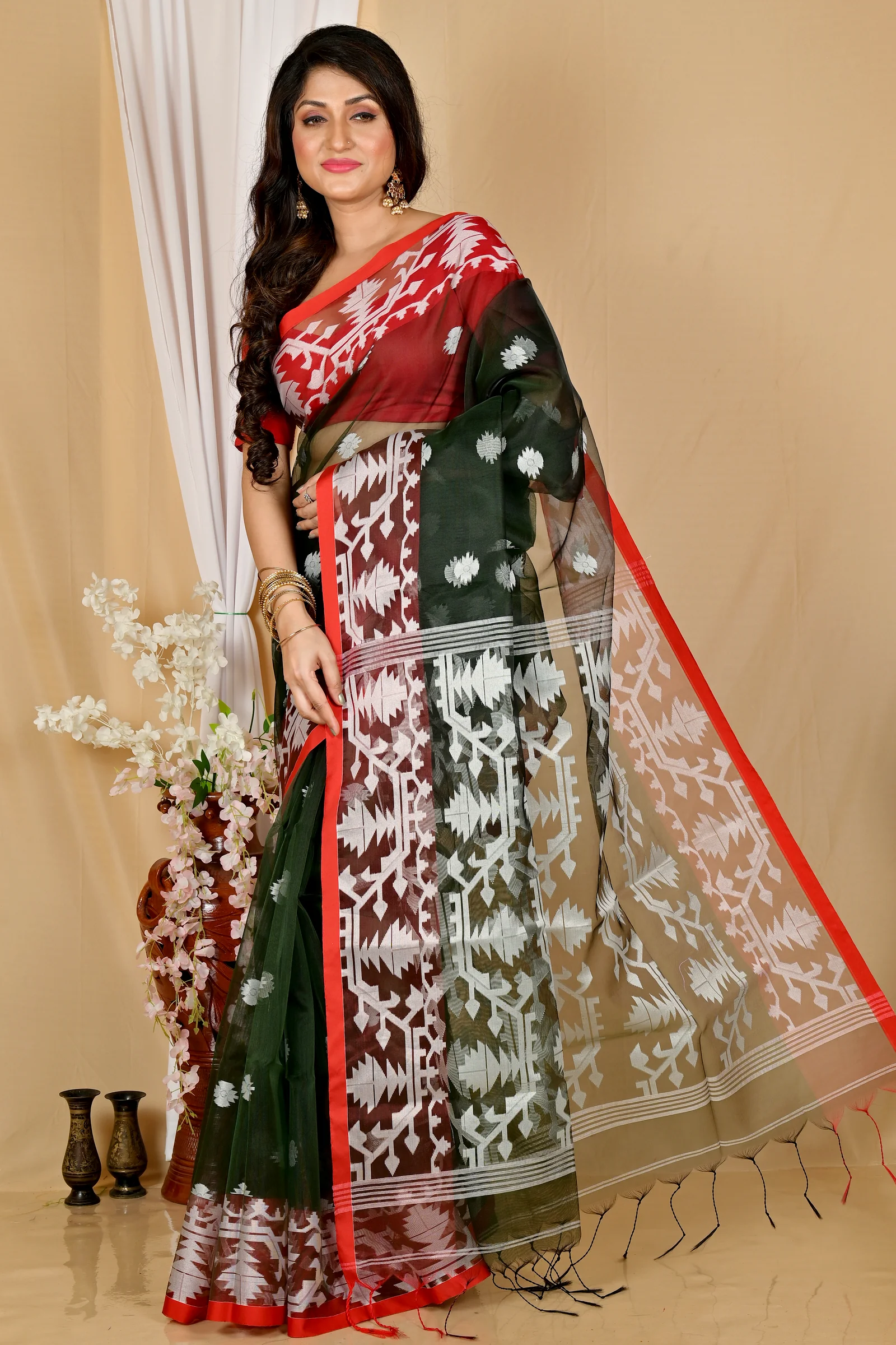 Bottle Green Cotton Monimal Muslin saree (2047)