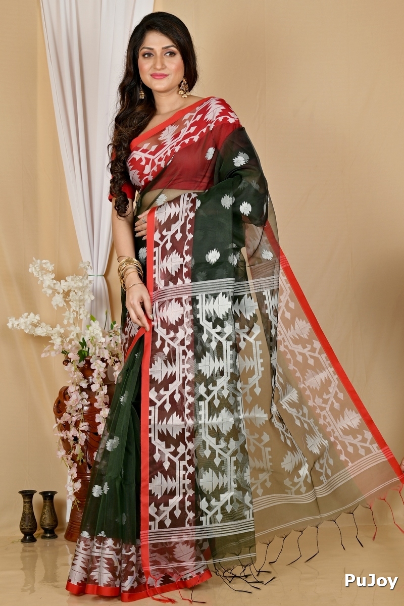 Bottle Green Cotton Monimal Muslin saree (2047)