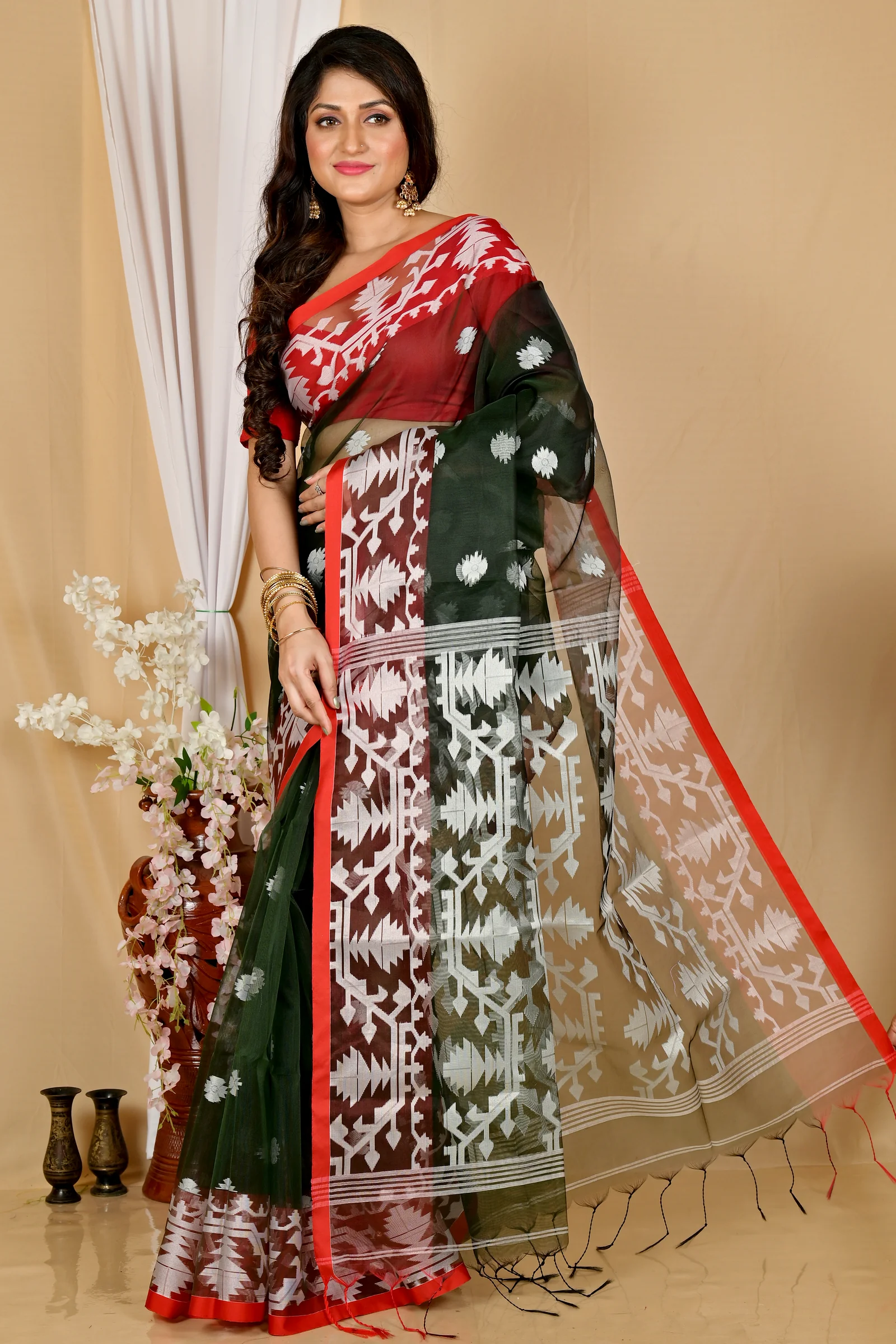 Bottle Green Cotton Monimal Muslin saree (2047)
