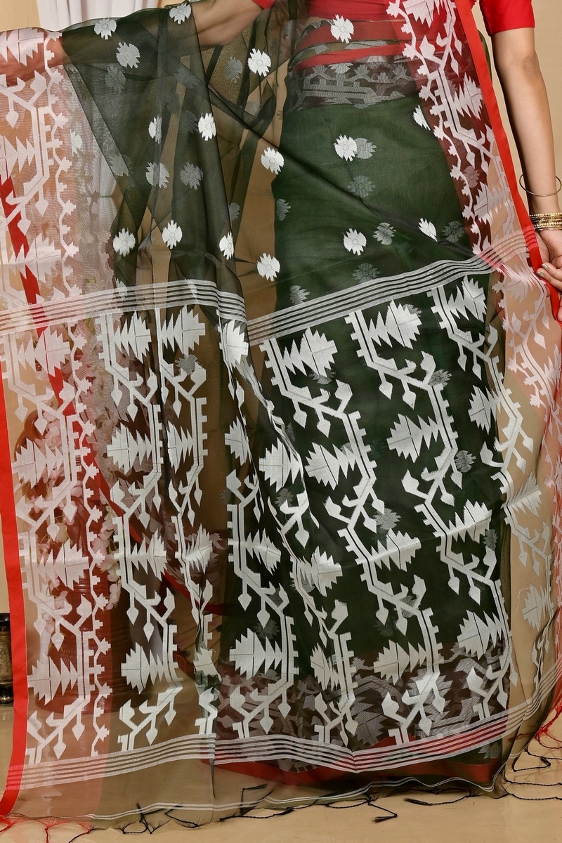 Bottle Green Cotton Monimal Muslin saree (2047)