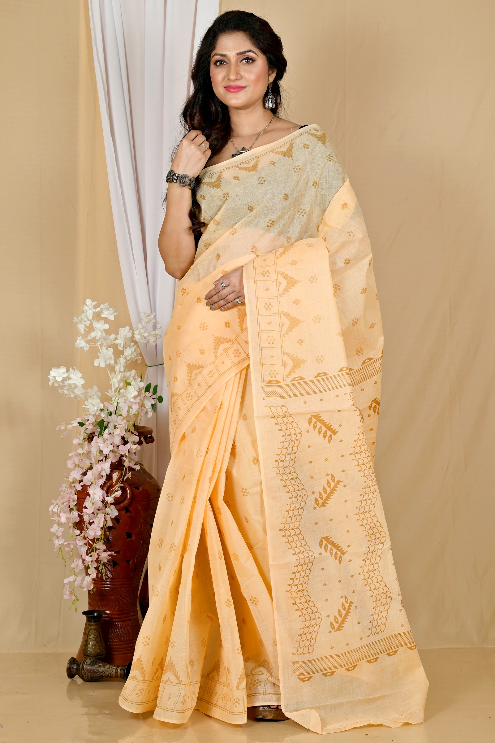 Cream Pure Cotton Lupata Tant Saree Print (2052)