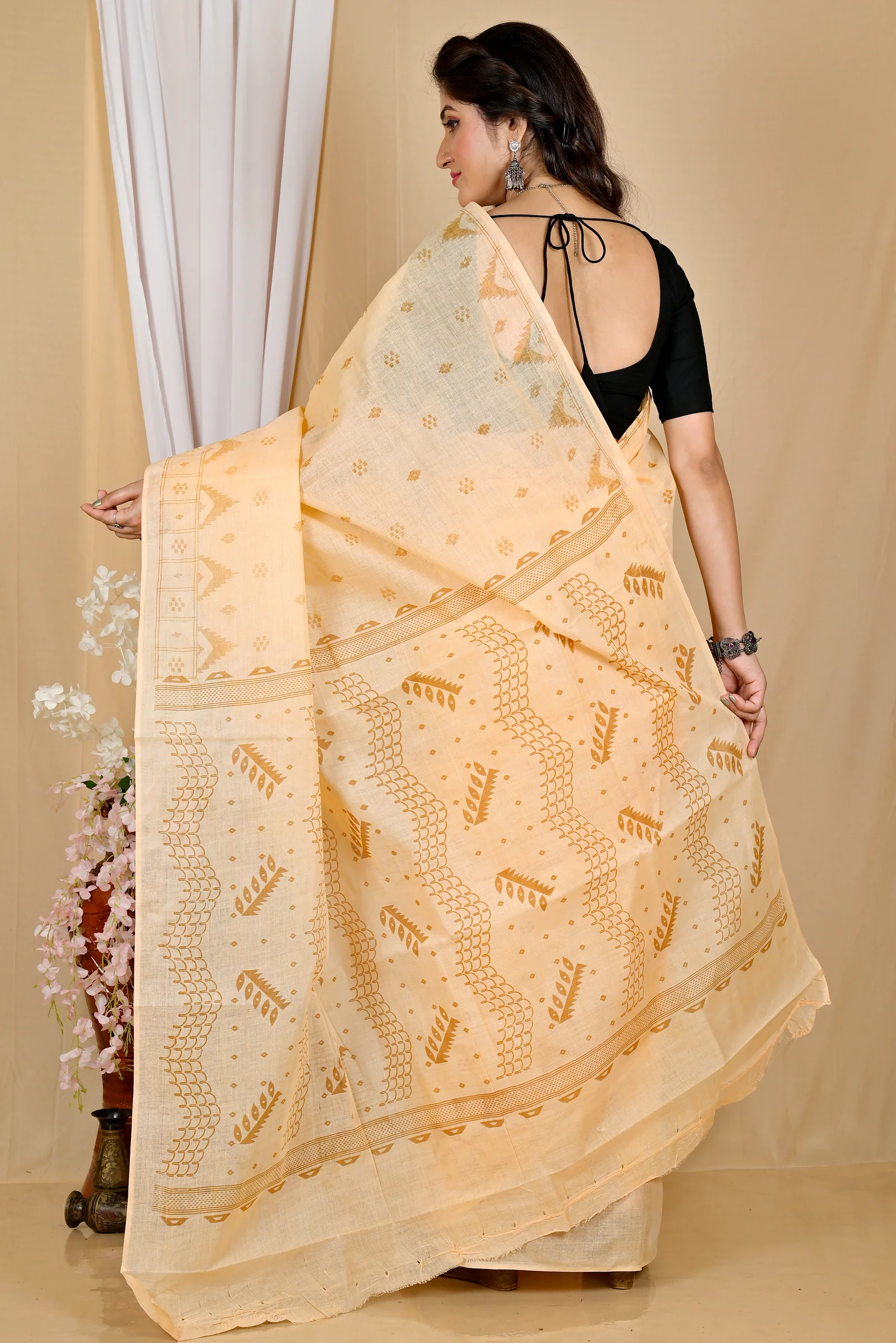 Cream Pure Cotton Lupata Tant Saree Print (2052)