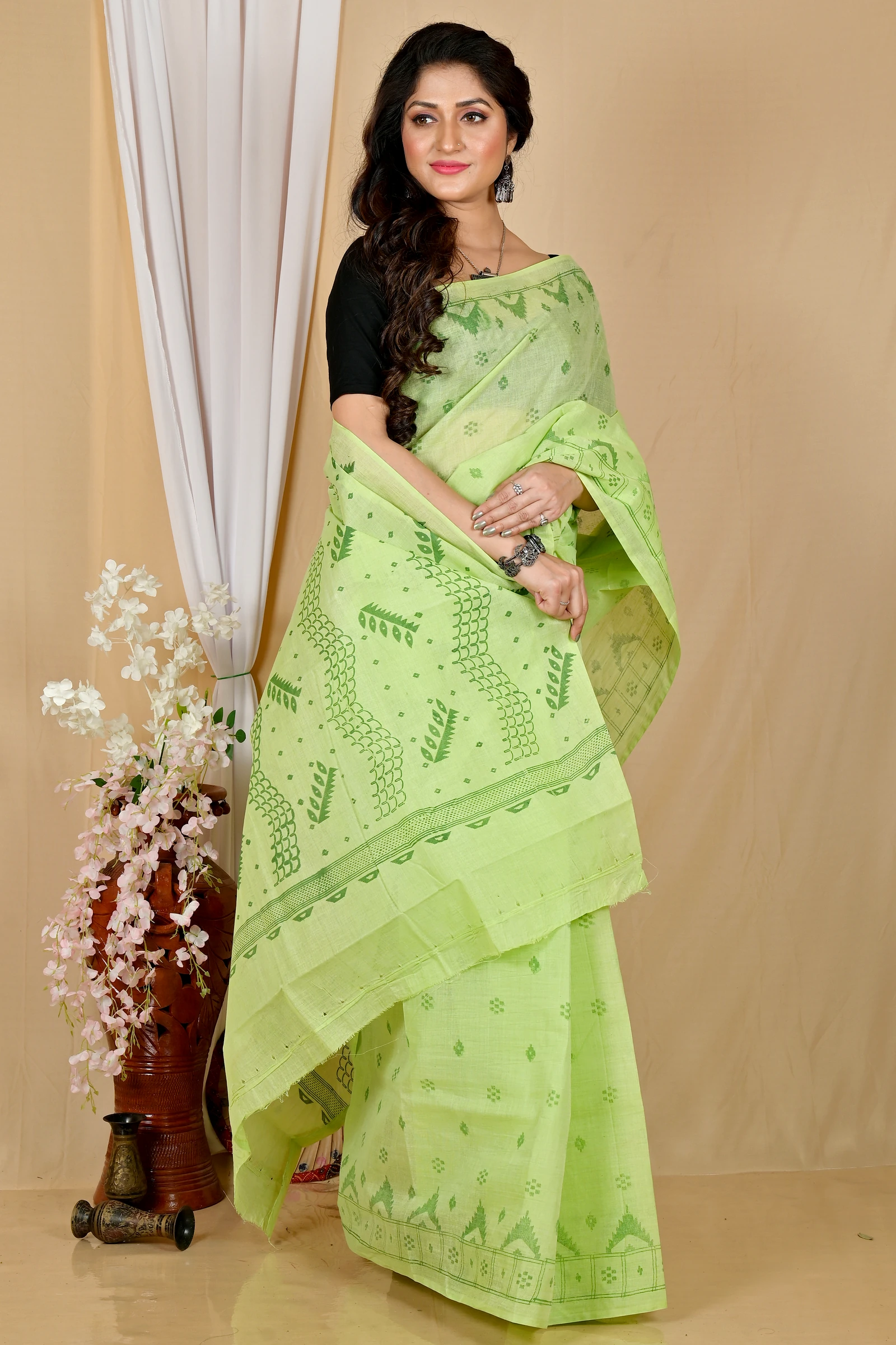Green Pure Cotton Lupata Tant Saree Print (2053)