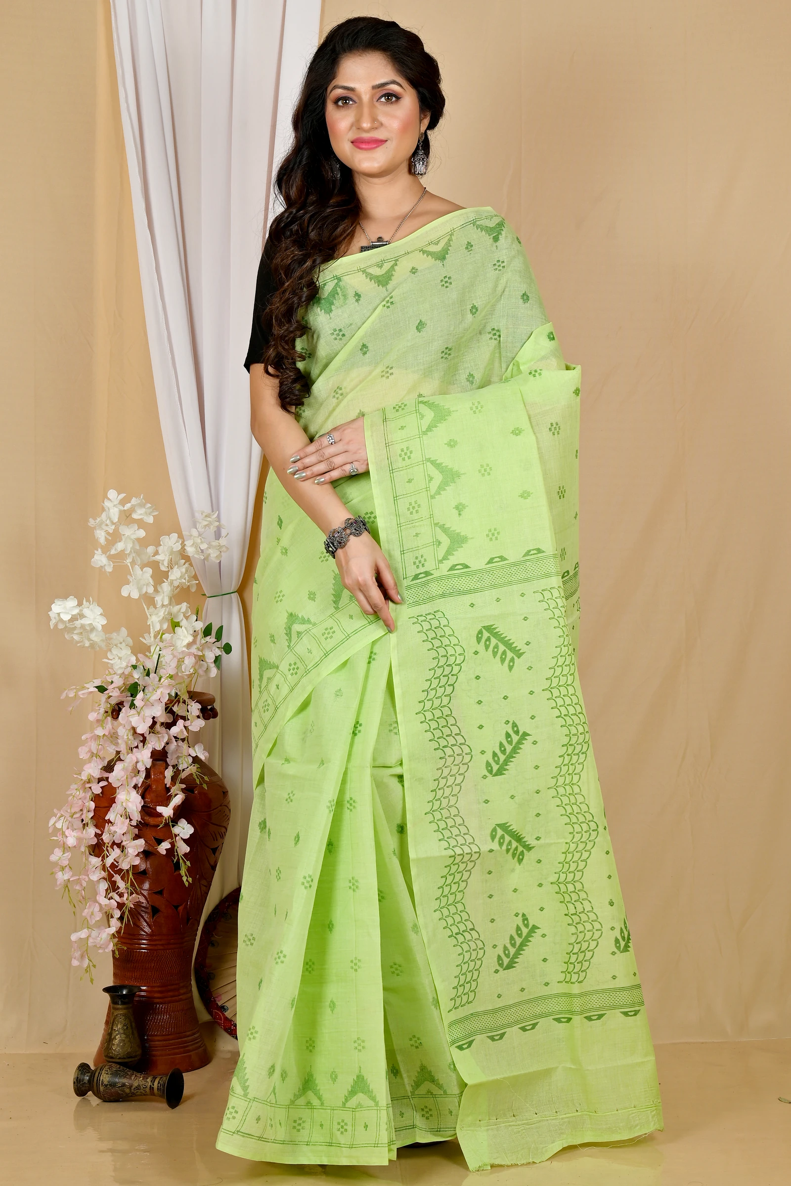 Green Pure Cotton Lupata Tant Saree Print (2053)