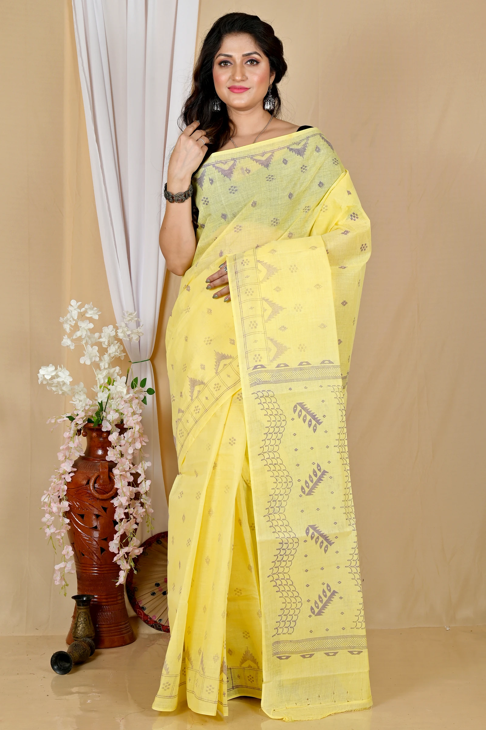 Yellow Pure Cotton Lupata Tant Saree Print (2054)