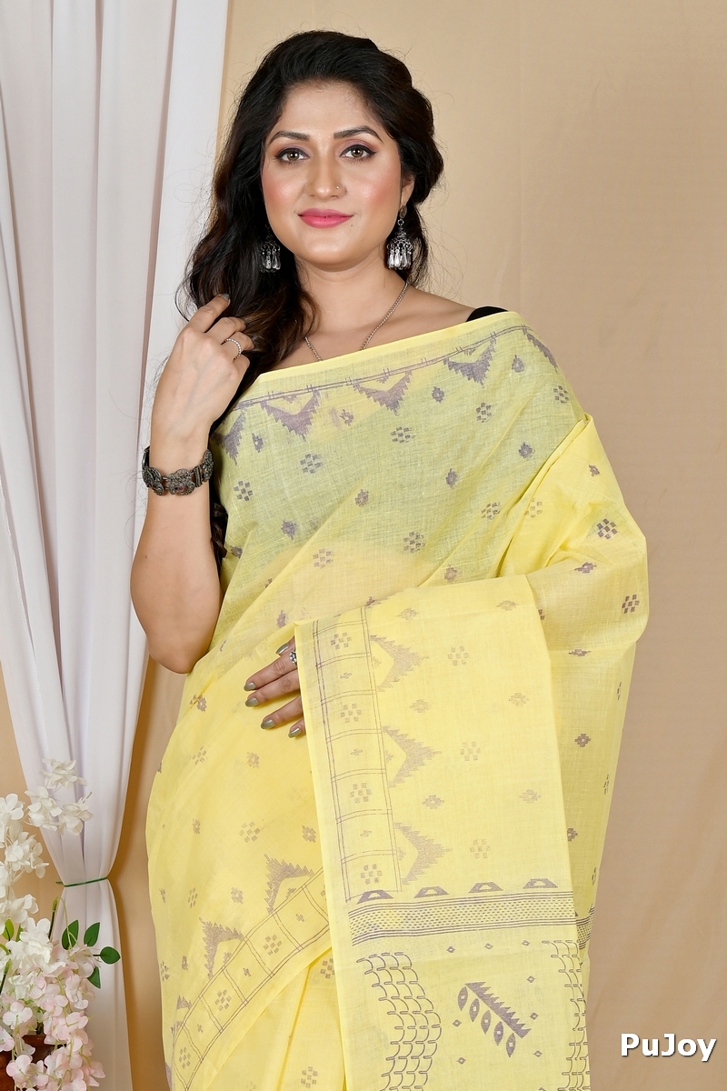 Yellow Pure Cotton Lupata Tant Saree Print (2054)
