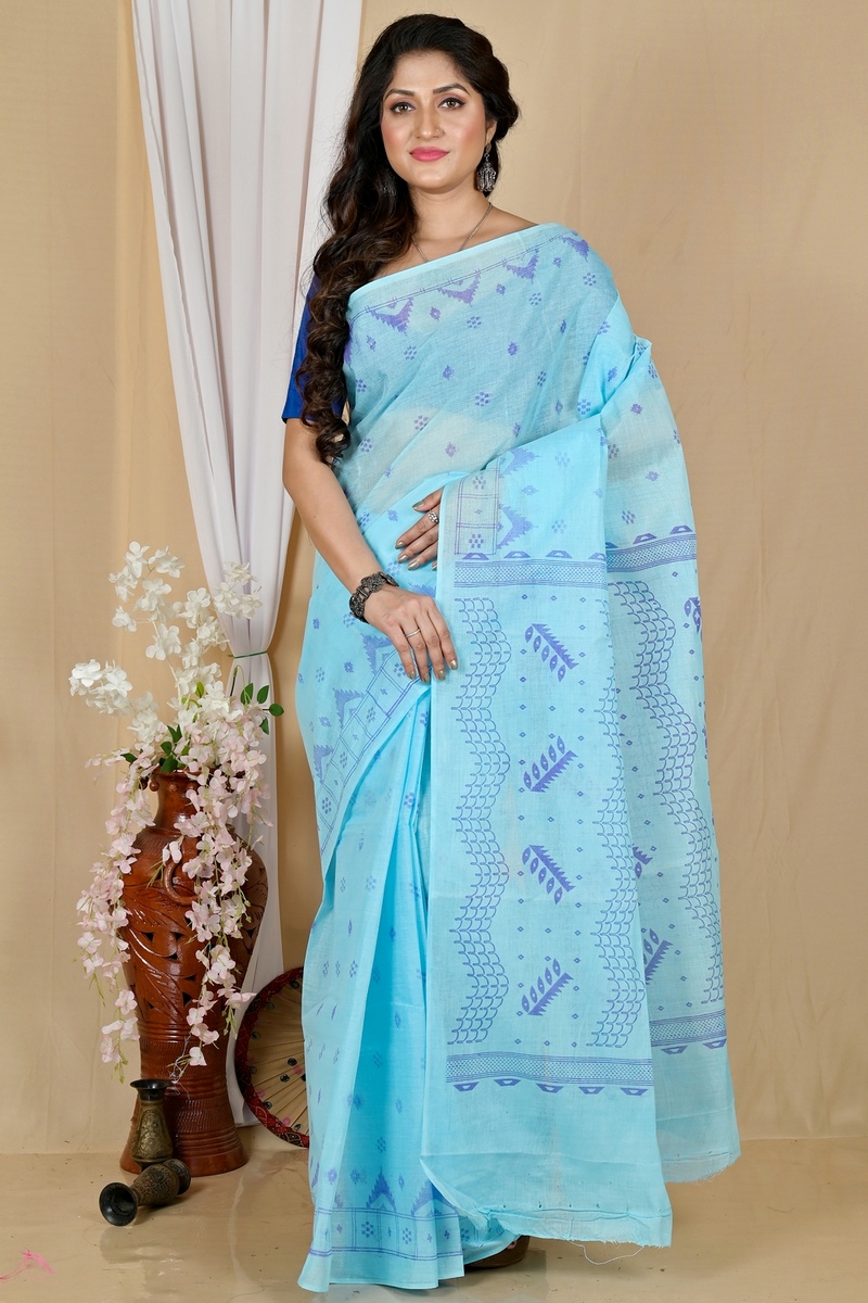 Sky Blue Pure Cotton Lupata Tant Saree Print (2055)