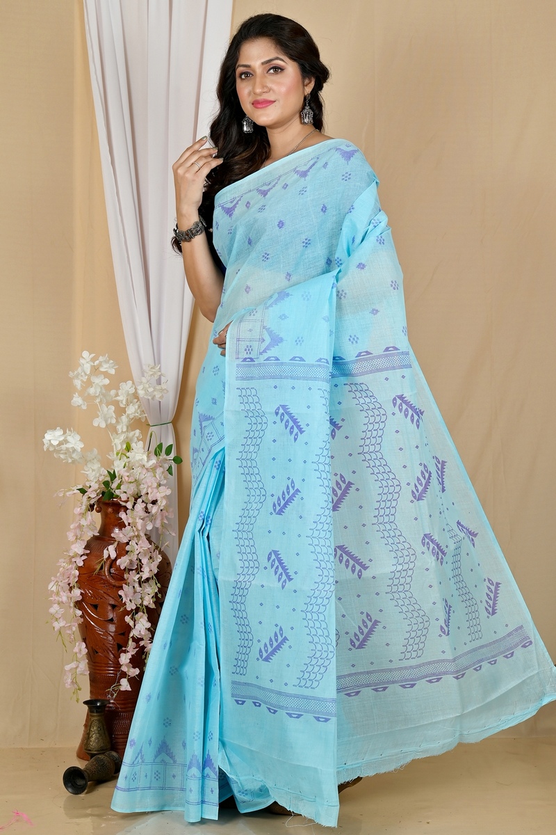Sky Blue Pure Cotton Lupata Tant Saree Print (2055)