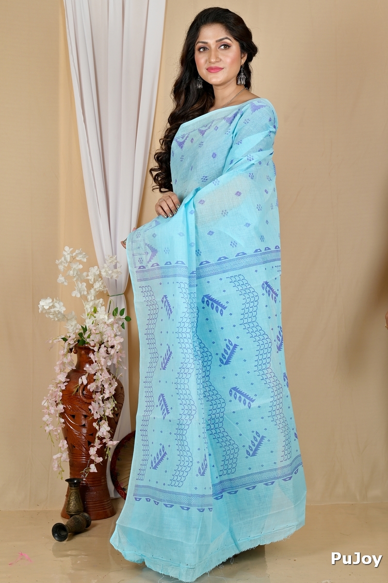 Sky Blue Pure Cotton Lupata Tant Saree Print (2055)