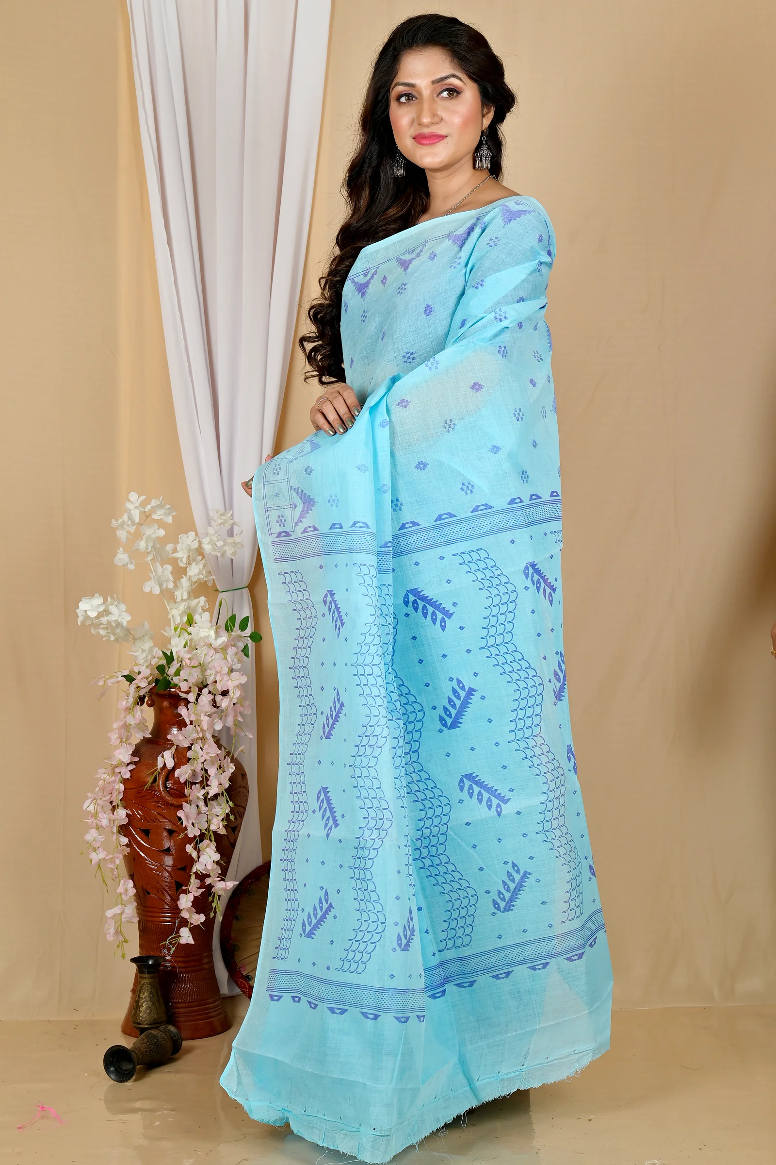 Sky Blue Pure Cotton Lupata Tant Saree Print (2055)